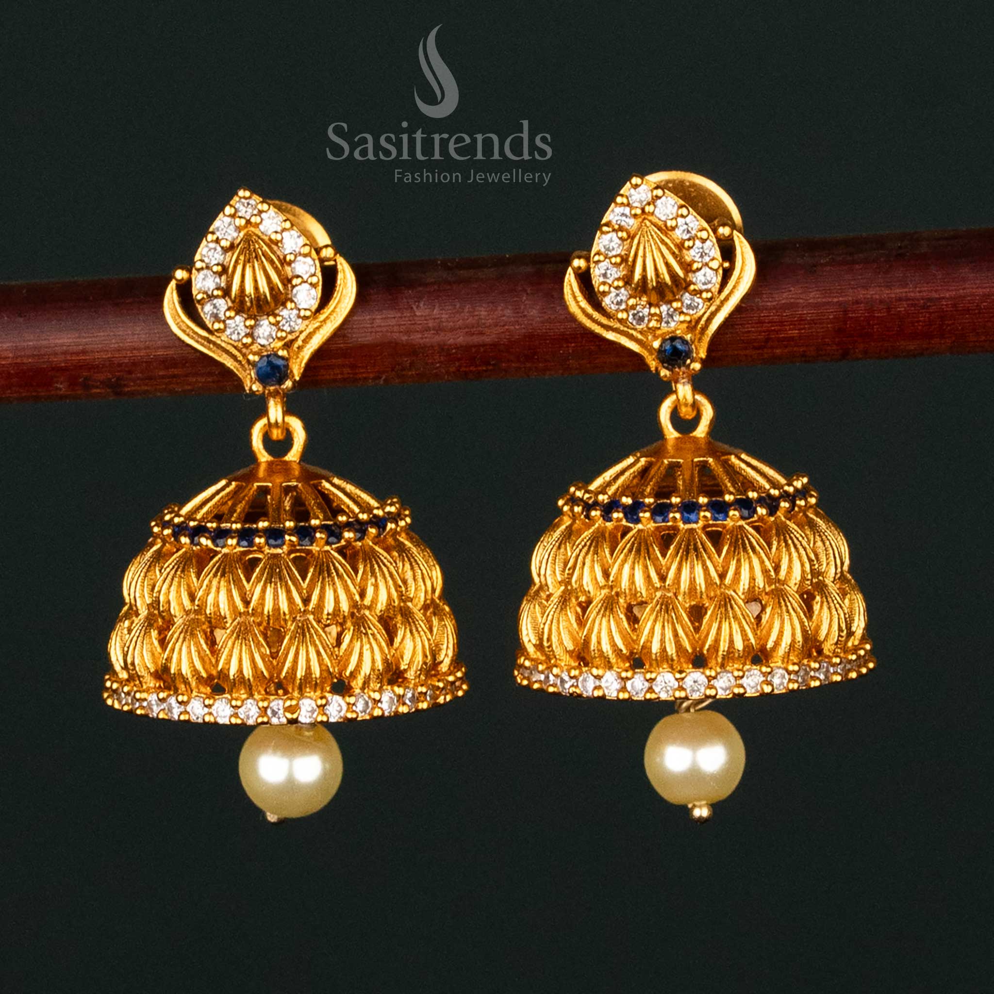 Traditional Matte Gold Plated AD Stone Studded Jhumka Earrings with Pearl Drop For Festive Wear- Sasitrends - Image 5