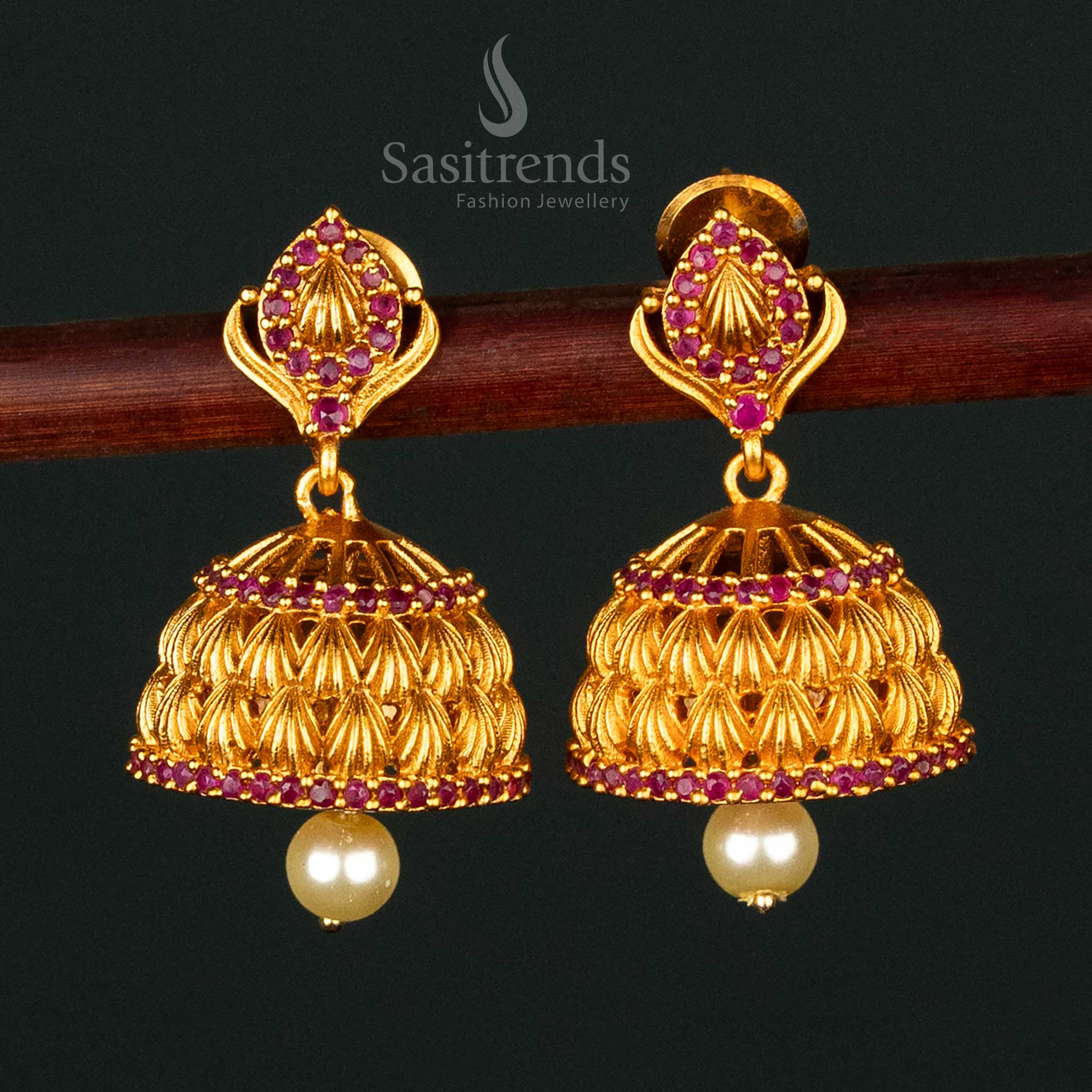 Traditional Matte Gold Plated AD Stone Studded Jhumka Earrings with Pearl Drop For Festive Wear- Sasitrends - Image 6