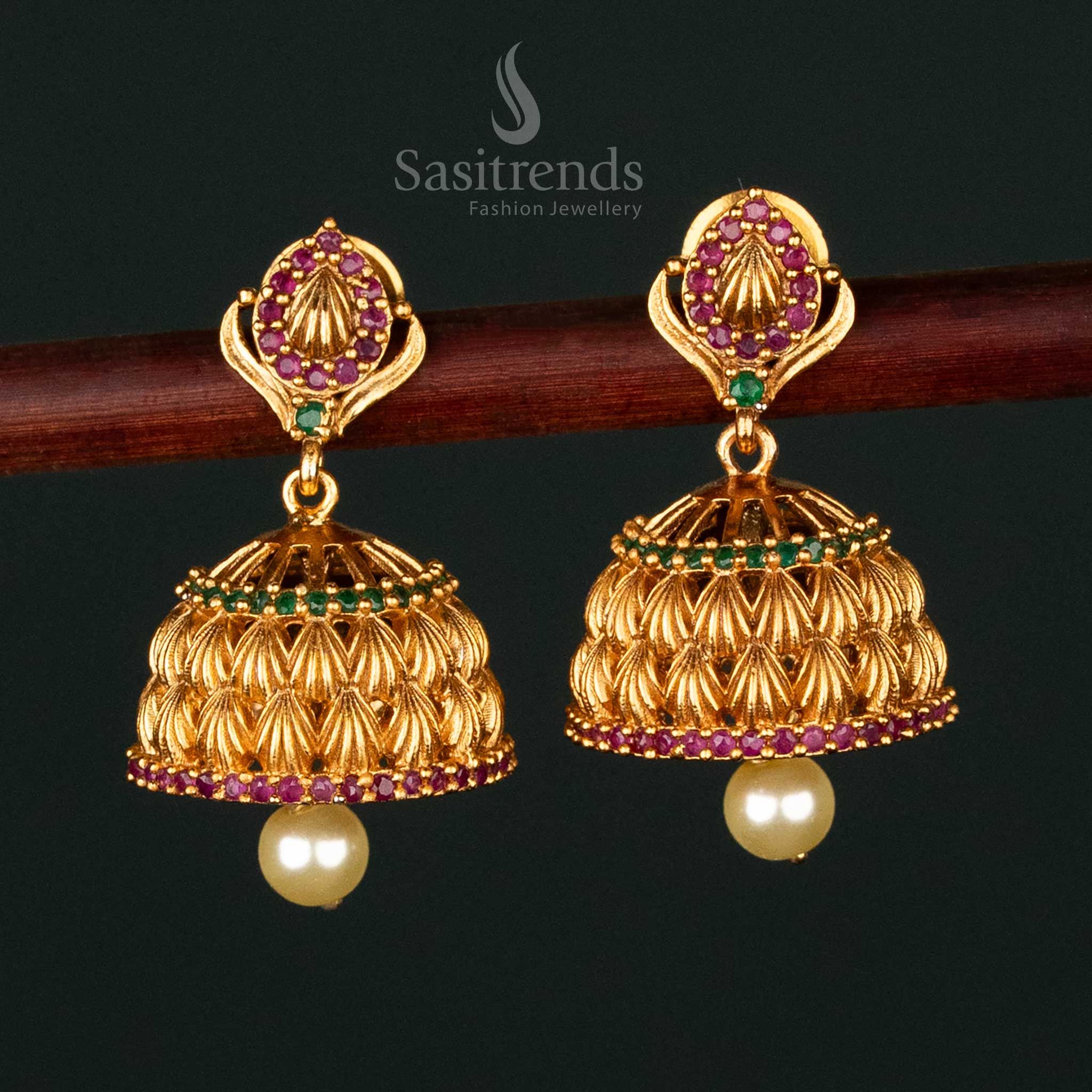 Traditional Matte Gold Plated AD Stone Studded Jhumka Earrings with Pearl Drop For Festive Wear- Sasitrends - Image 7