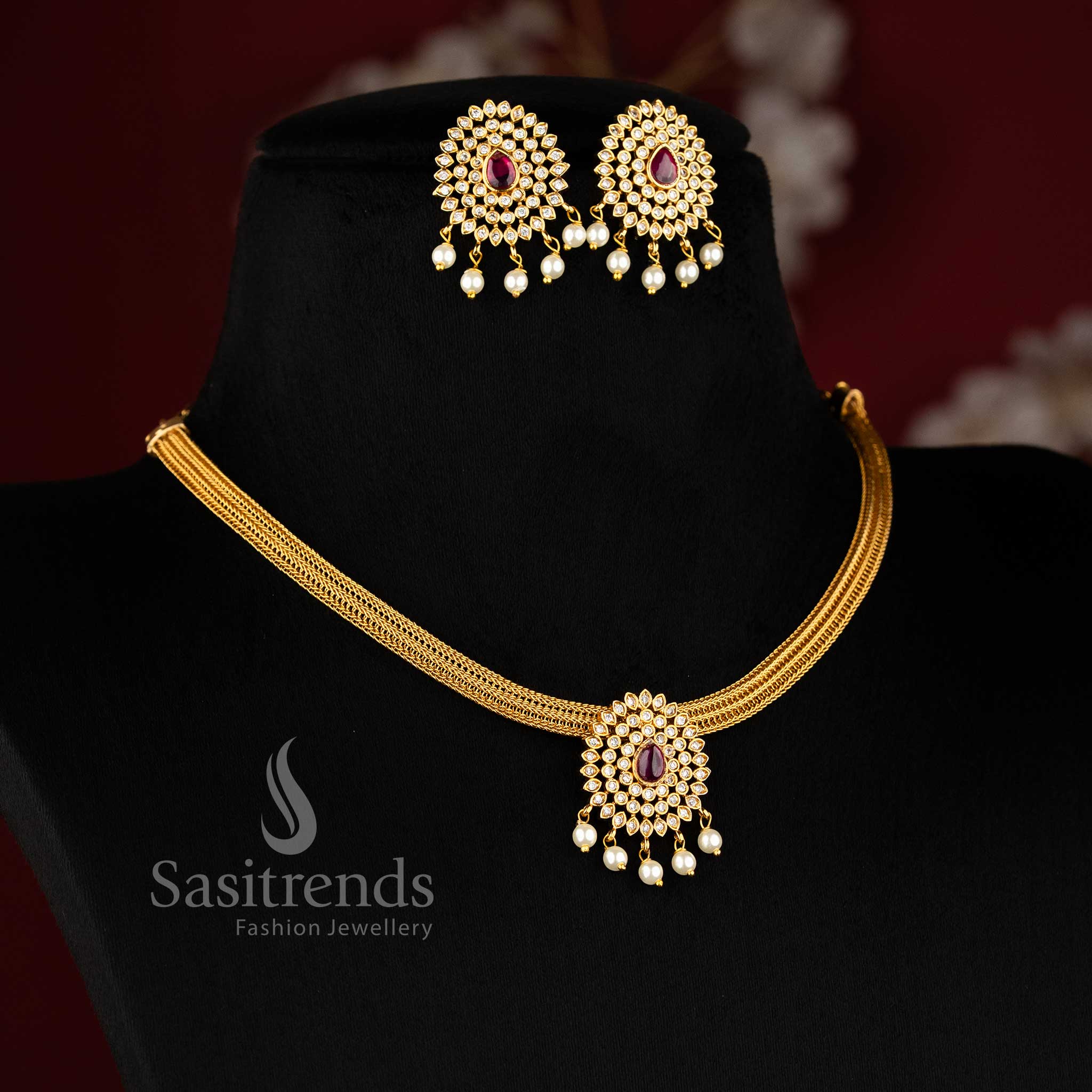 Temple Matte Gold Plated Floral Choker Necklace Jewellery Set for Festive Traditional Wear - Sasitrends - Image 5