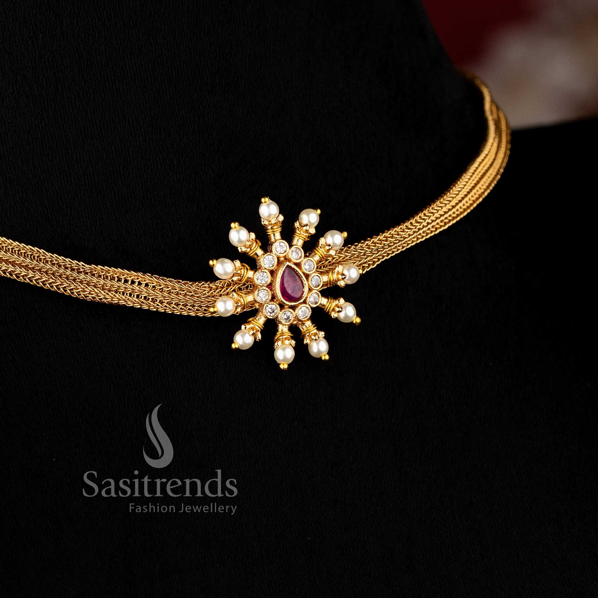 Latest Temple Matte Gold Plated Floral Motif Choker Jewellery Set | Traditional Wear Jewellery - Image 2