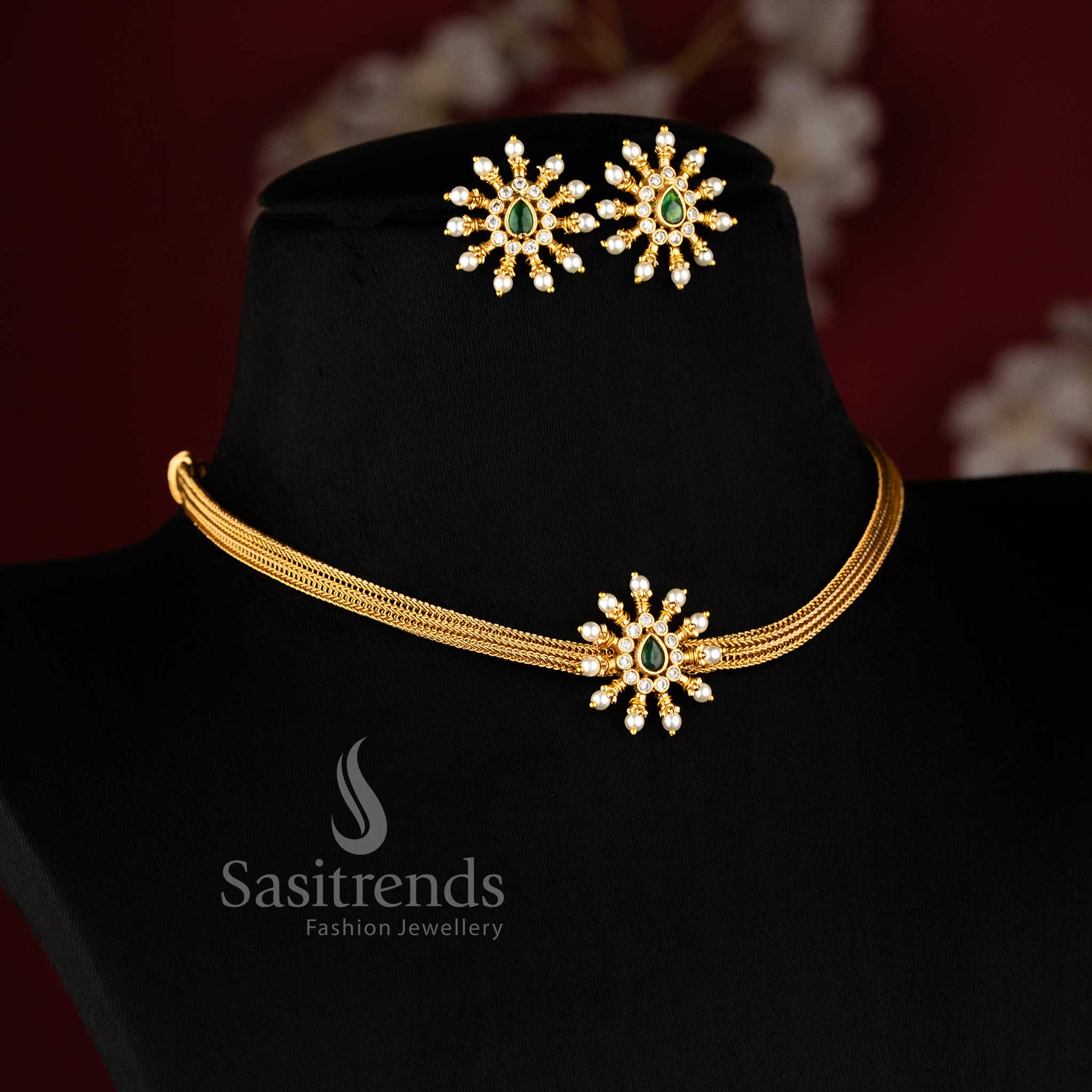 Latest Temple Matte Gold Plated Floral Motif Choker Jewellery Set | Traditional Wear Jewellery - Image 3