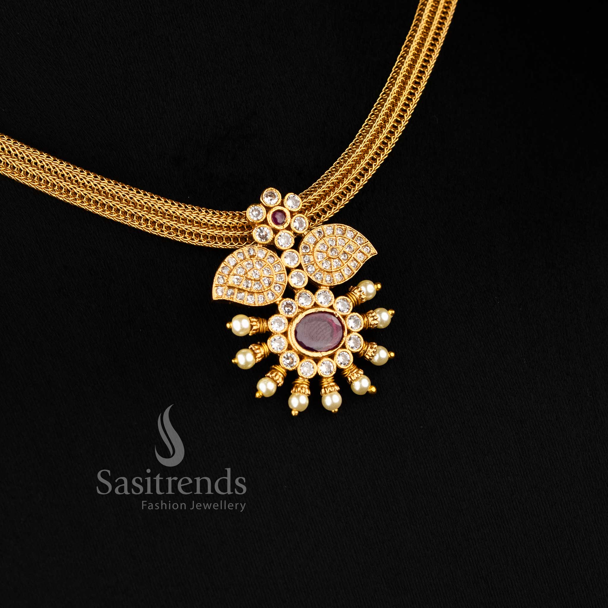 Traditional Elegance: Temple Matte Gold Plated Floral Pendant Choker Jewellery Set | Sasitrends - Image 2