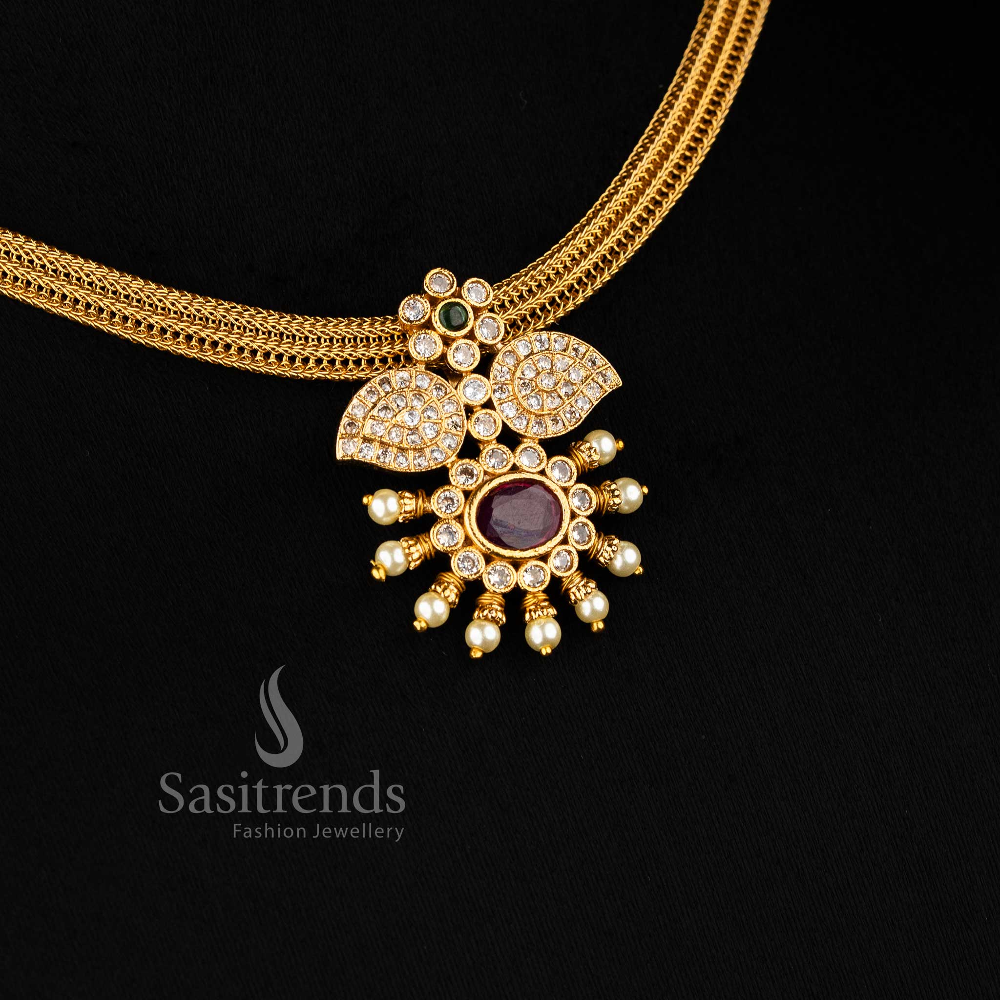 Traditional Elegance: Temple Matte Gold Plated Floral Pendant Choker Jewellery Set | Sasitrends - Image 4