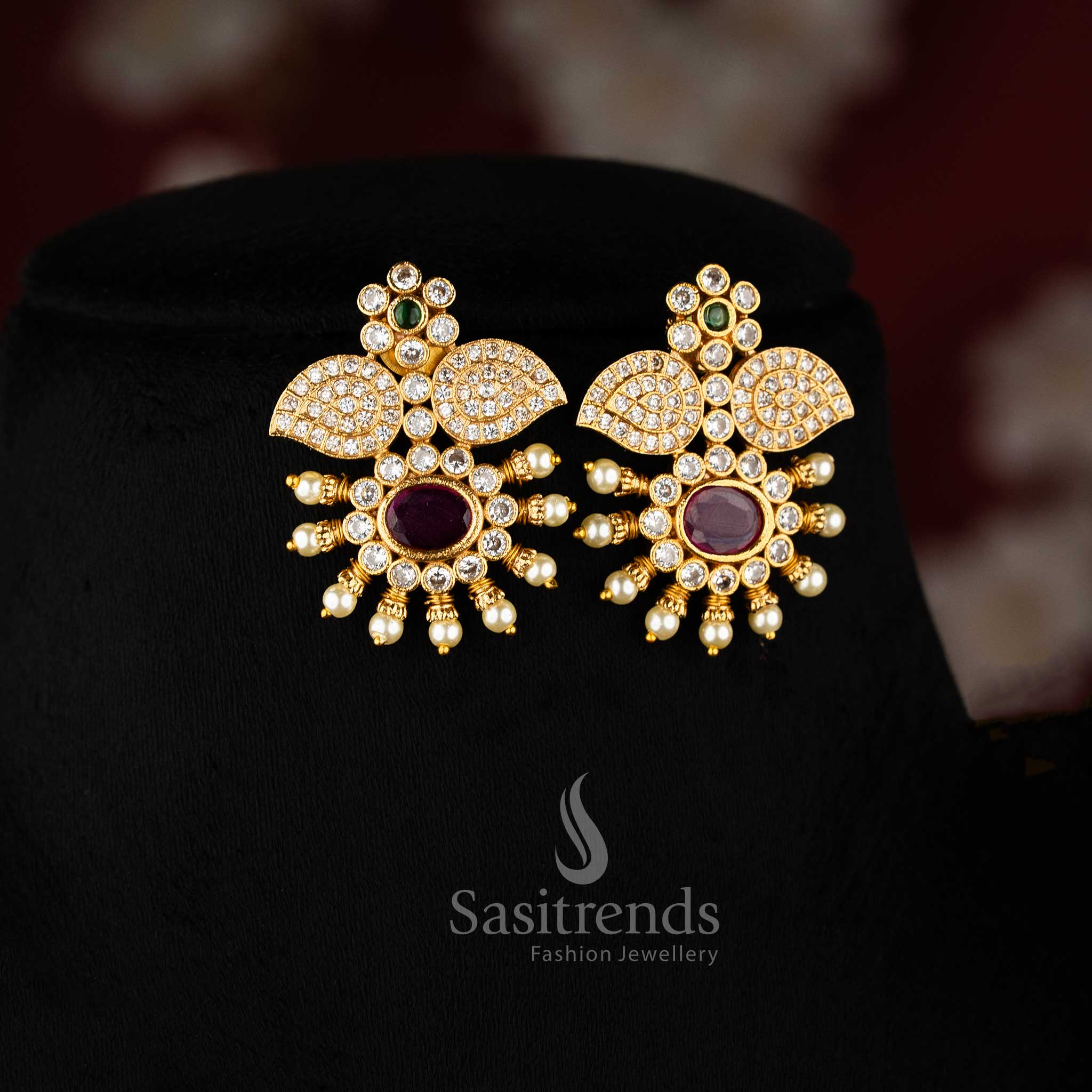 Traditional Elegance: Temple Matte Gold Plated Floral Pendant Choker Jewellery Set | Sasitrends - Image 6