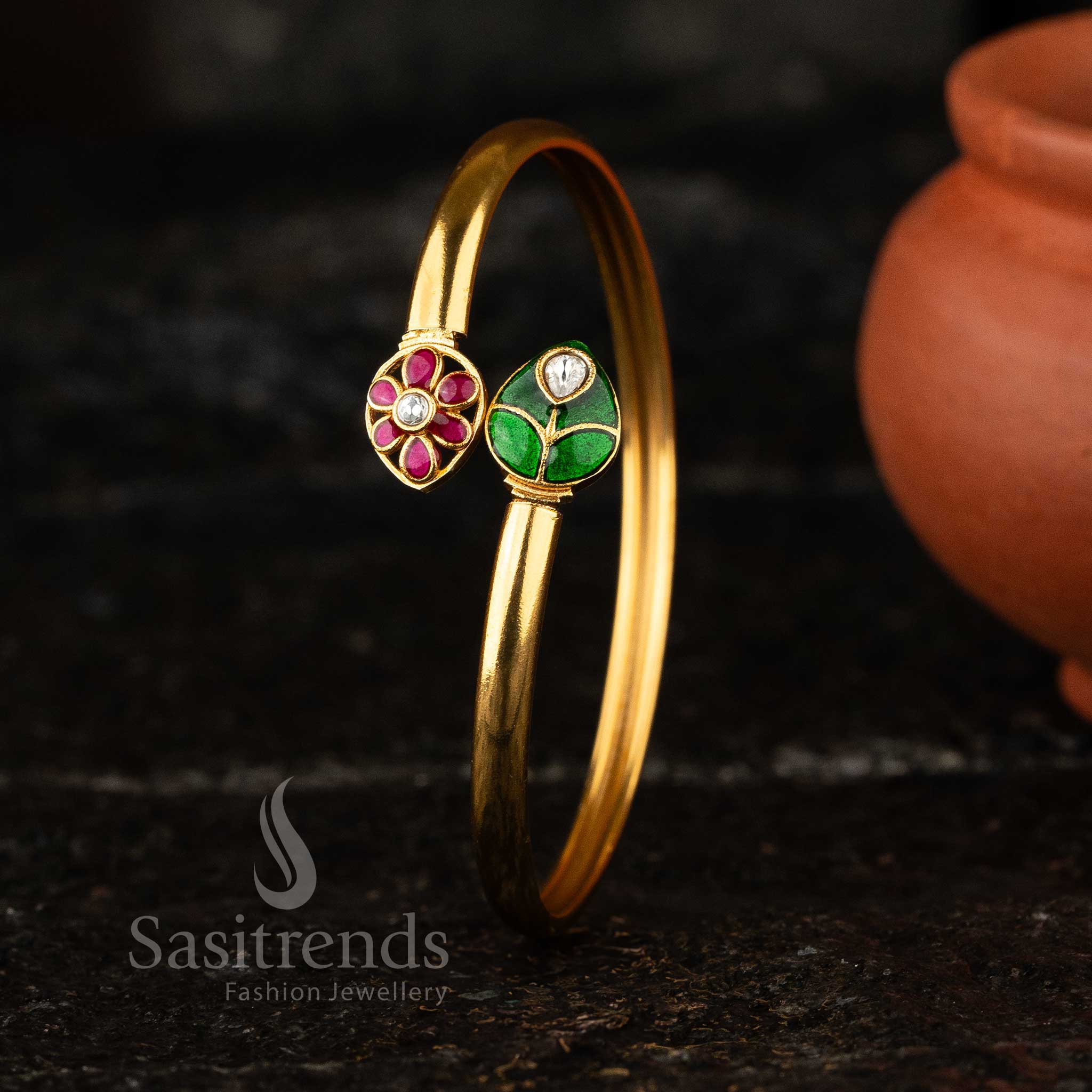 Elegant Temple Matte Gold Kundan Kada Bangle with Floral Enamel Design - Sasitrends