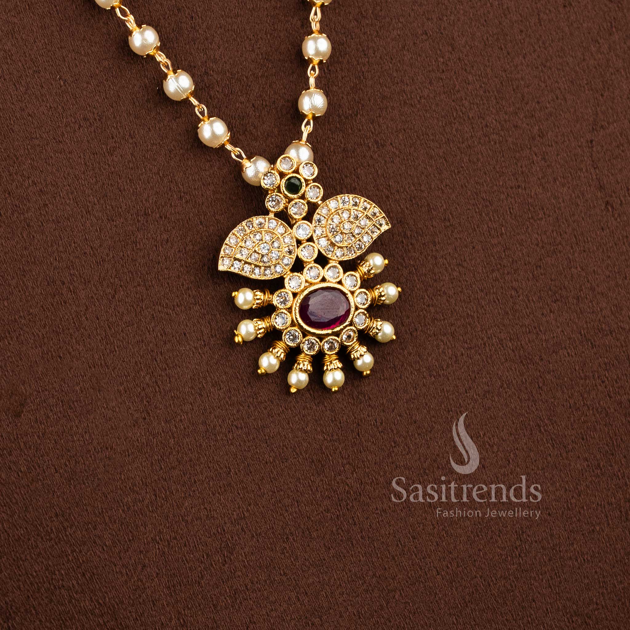 Stunning Temple Matte Gold Plated Floral Petal and Pearl Chain Pendant Jewellery Set - Sasitrends - Image 3