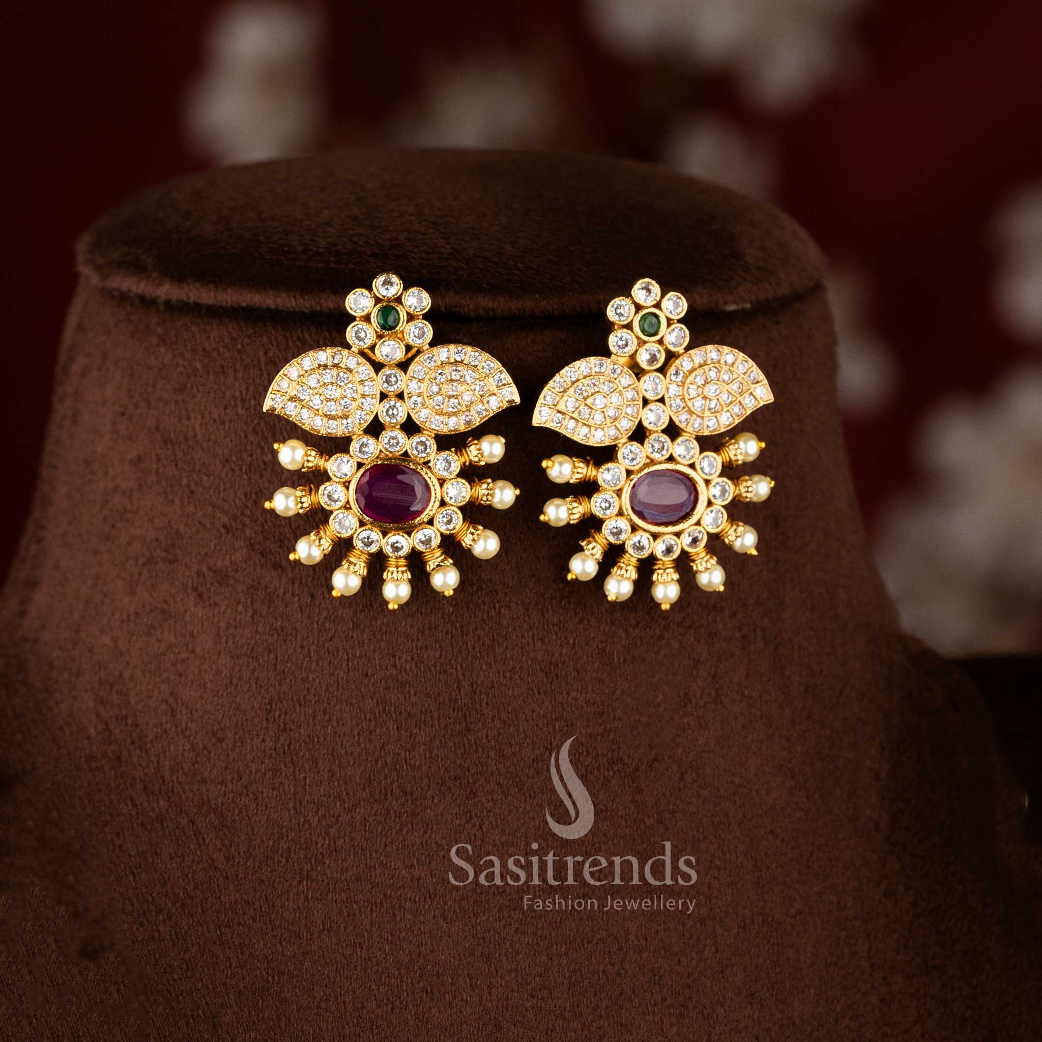 Stunning Temple Matte Gold Plated Floral Petal and Pearl Chain Pendant Jewellery Set - Sasitrends - Image 5