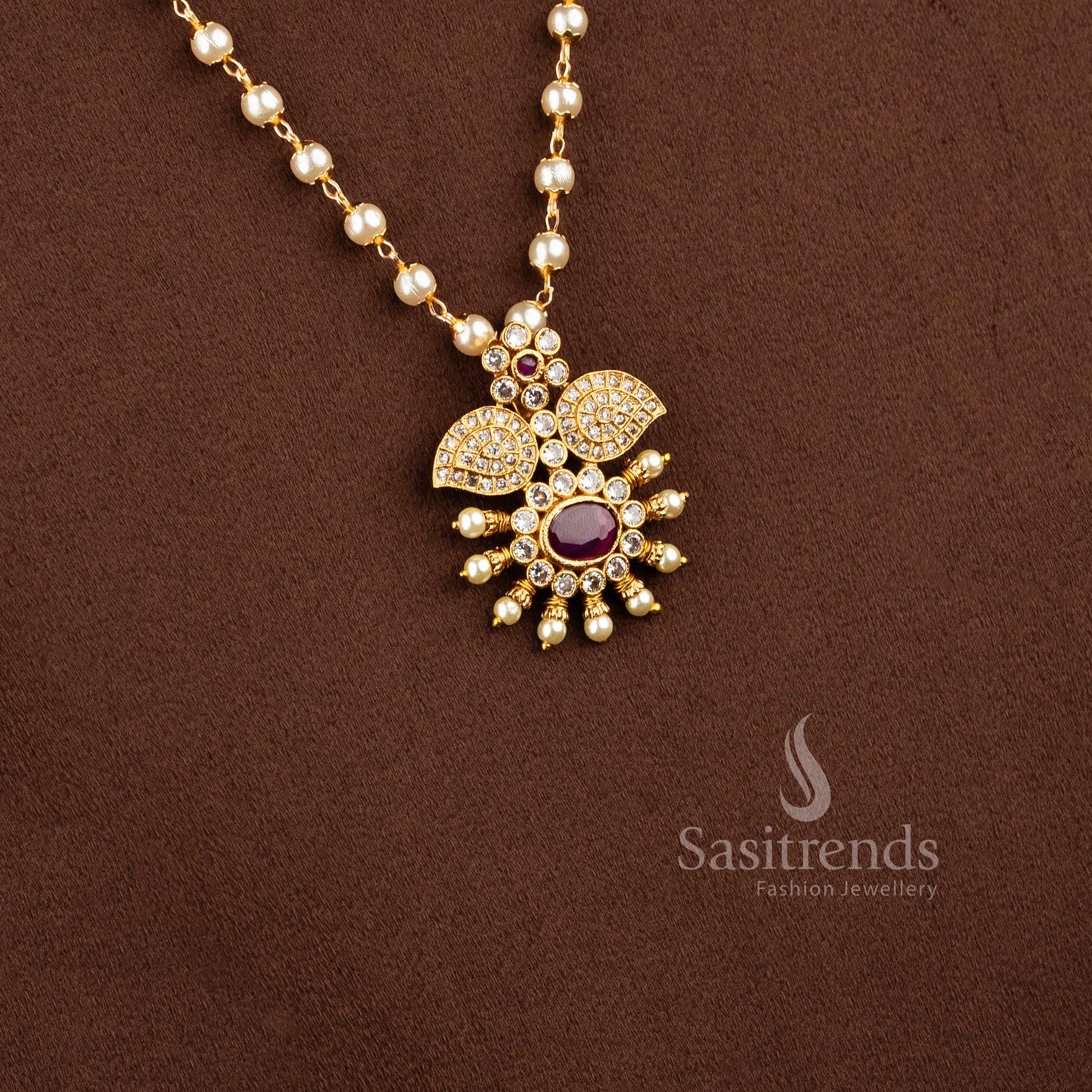 Stunning Temple Matte Gold Plated Floral Petal and Pearl Chain Pendant Jewellery Set - Sasitrends - Image 6