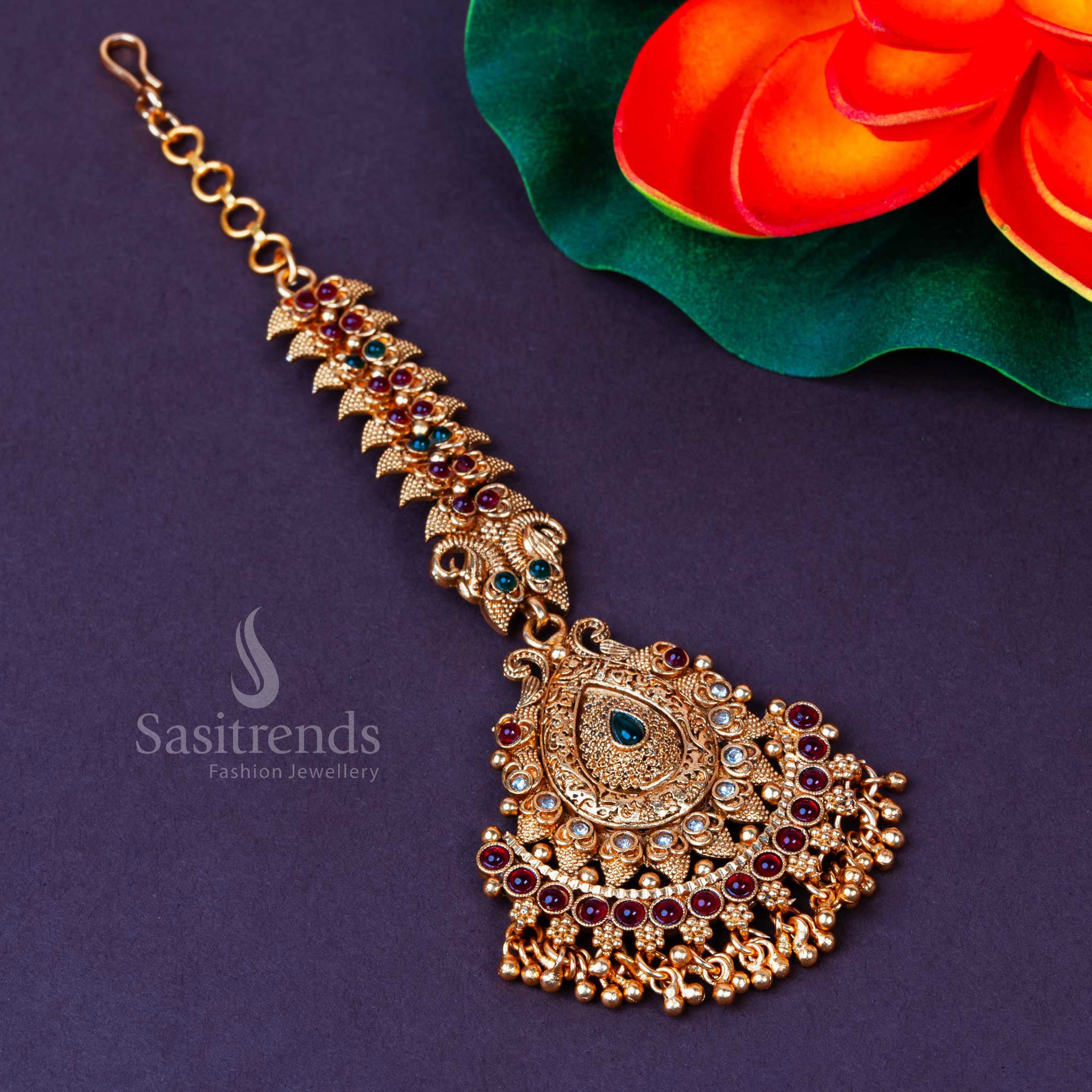Temple Matte Gold Plated Maang Tikka with Stones and Bead Drops - Traditional Grand Bride Wedding Wear | Sasitrends