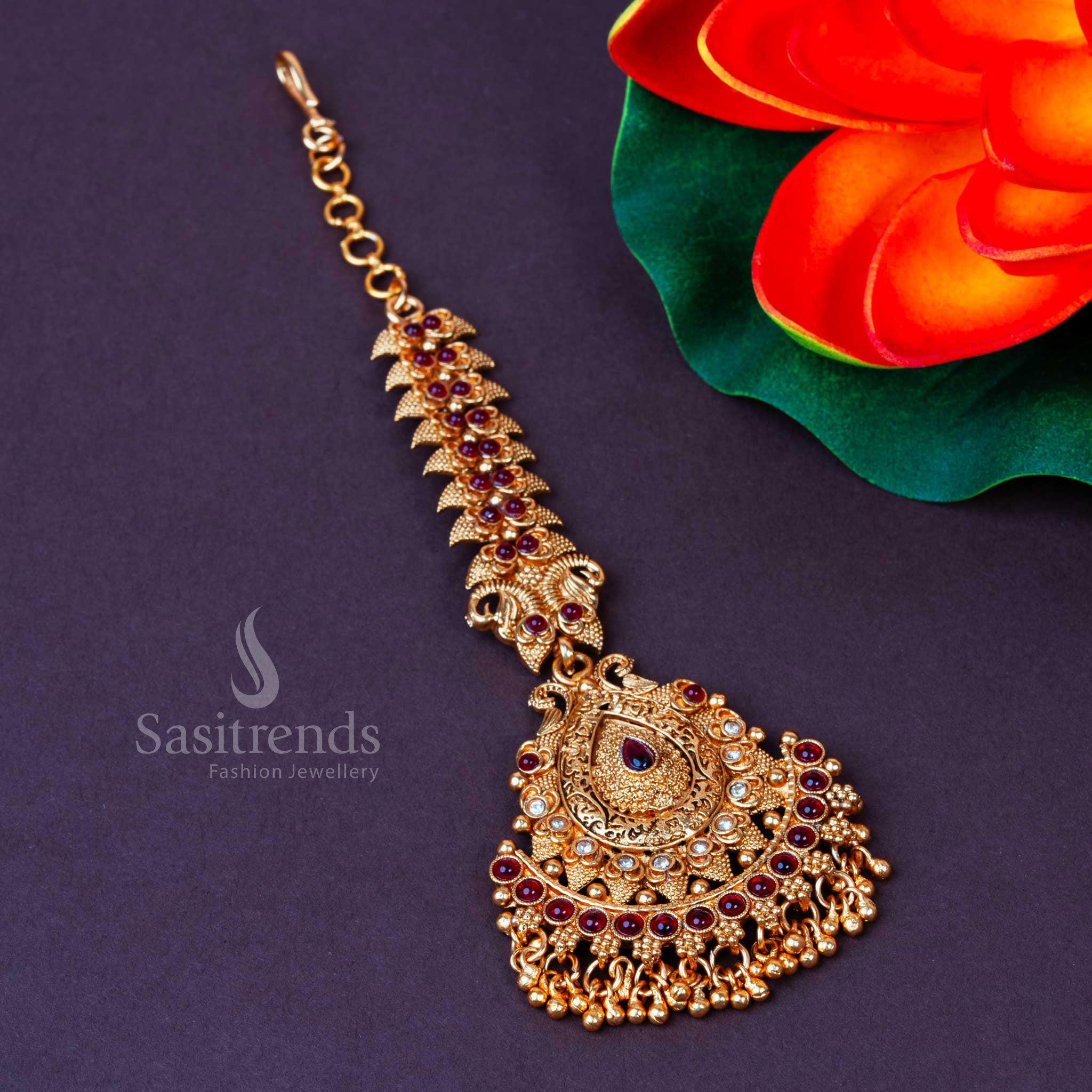 Temple Matte Gold Plated Maang Tikka with Stones and Bead Drops - Traditional Grand Bride Wedding Wear | Sasitrends - Image 3