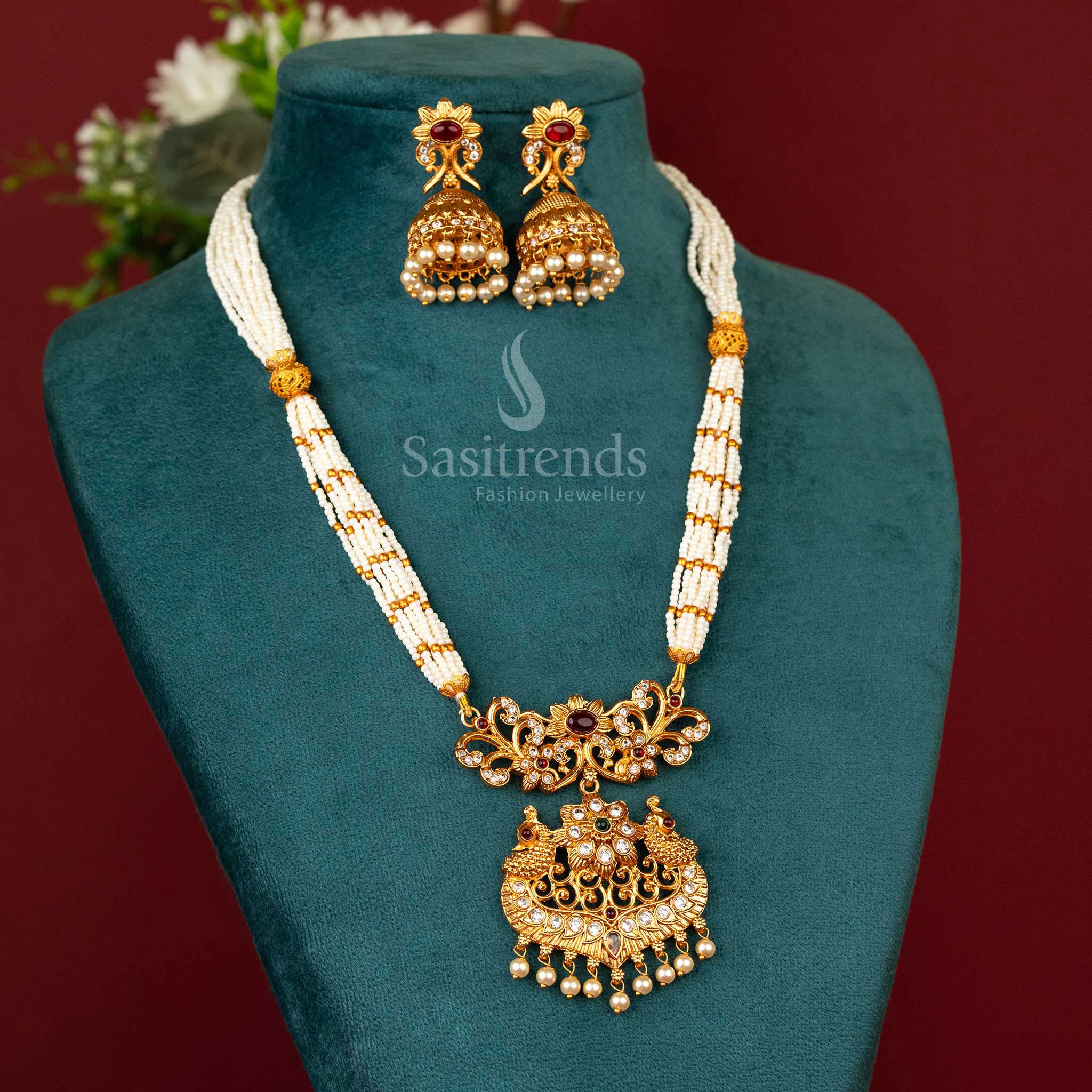 Sasitrends | Classic Matte Gold Plated Beaded Necklace Jewellery Set with Multi-Color Stone Peacock Pendant - Image 3