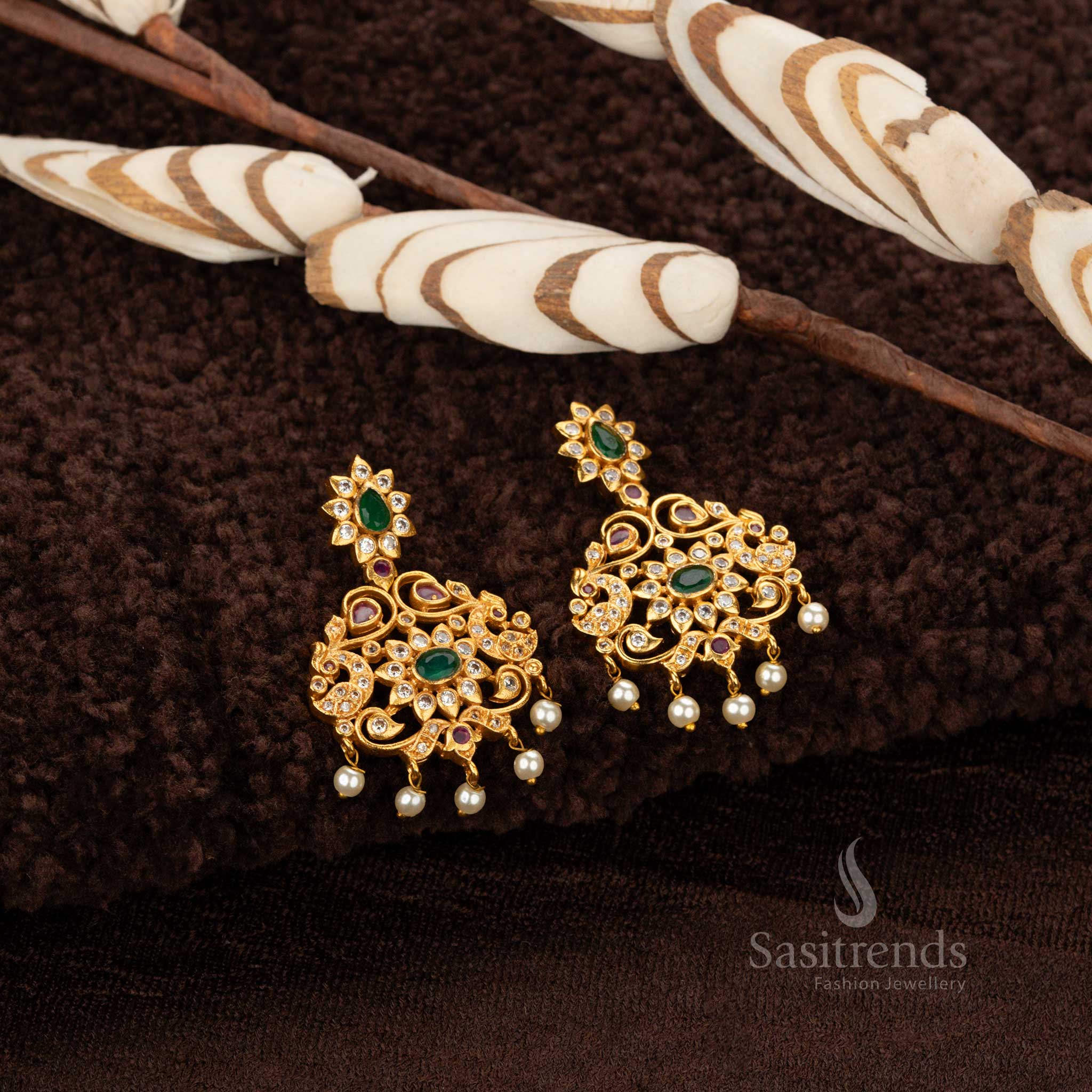 Trendy Temple Matte Gold Plated Floral Peacock Pendant American Diamond Long Necklace Jewellery Set for Women | Sasitrends - Image 3