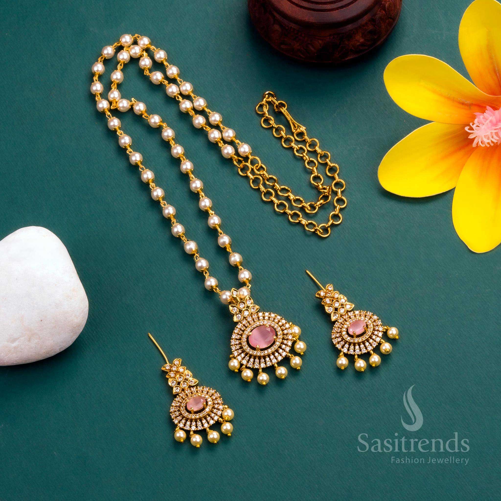New Traditional Wear: Temple Matte Gold Plated Pendant Pearl Jewellery Set and AD Stones - Image 12