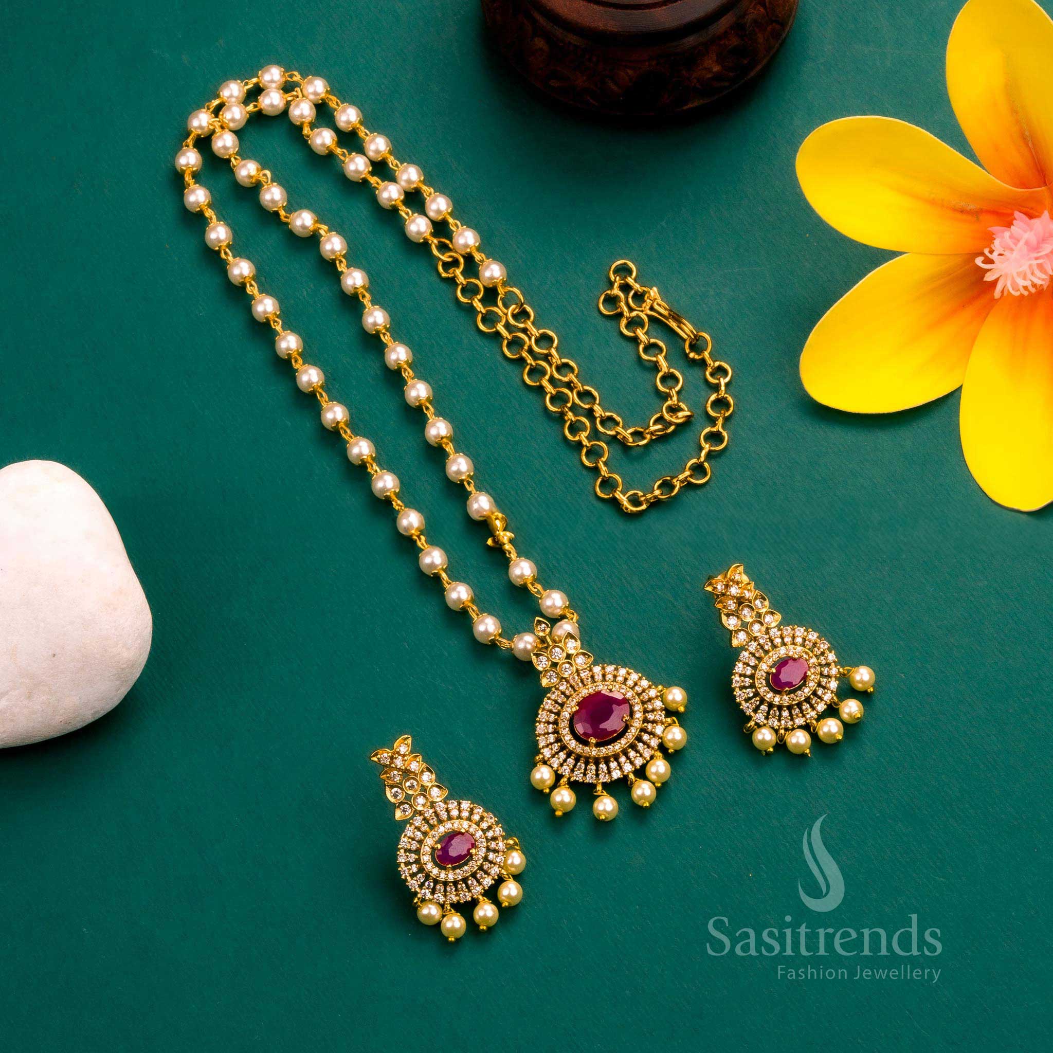New Traditional Wear: Temple Matte Gold Plated Pendant Pearl Jewellery Set and AD Stones - Image 13