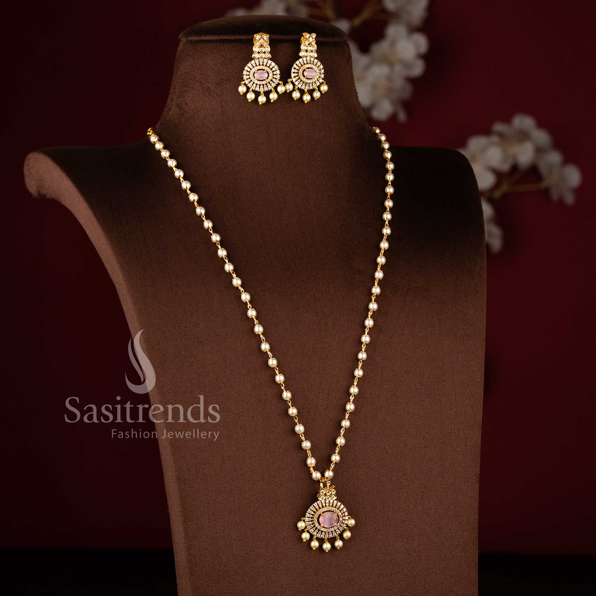 New Traditional Wear: Temple Matte Gold Plated Pendant Pearl Jewellery Set and AD Stones - Image 2
