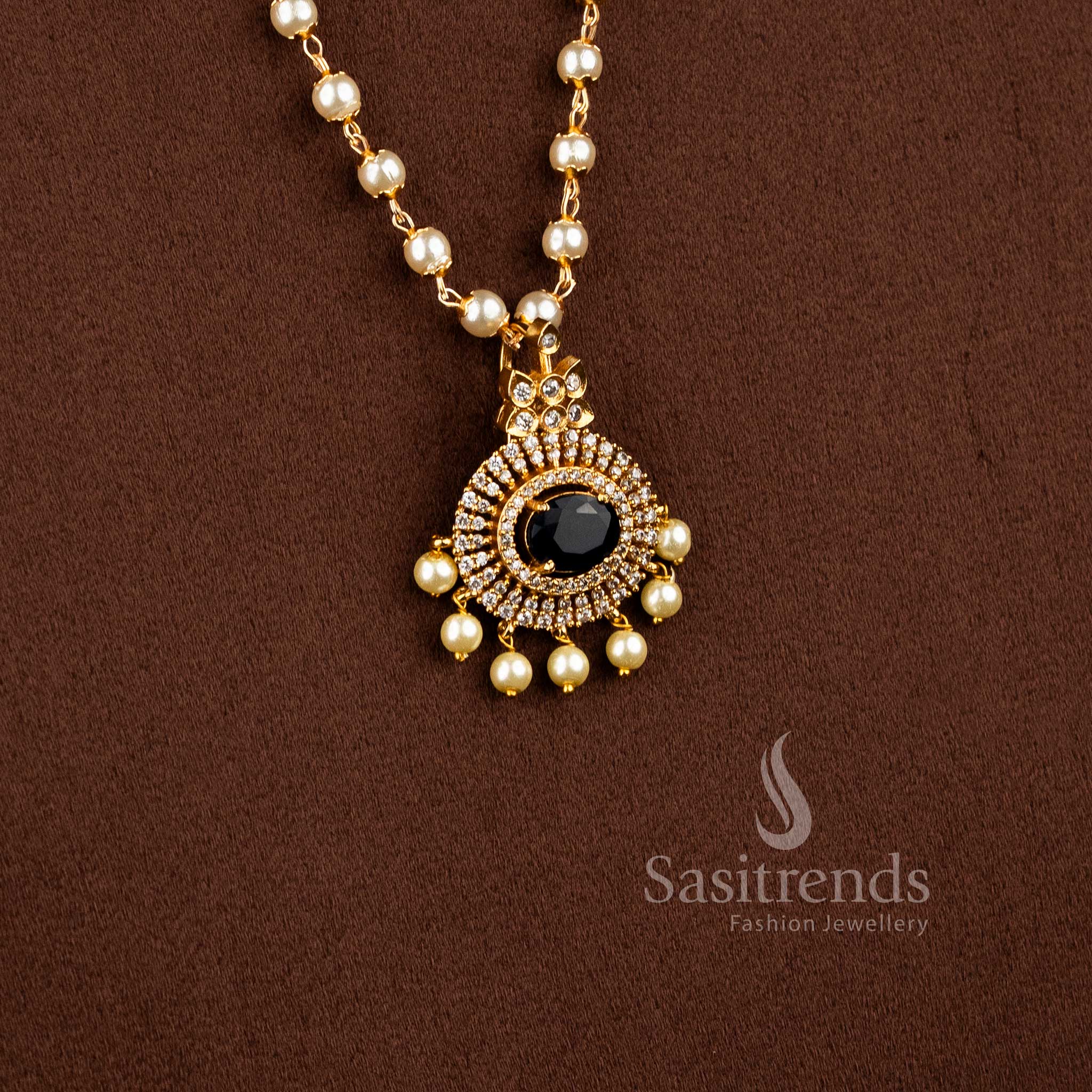 New Traditional Wear: Temple Matte Gold Plated Pendant Pearl Jewellery Set and AD Stones - Image 9