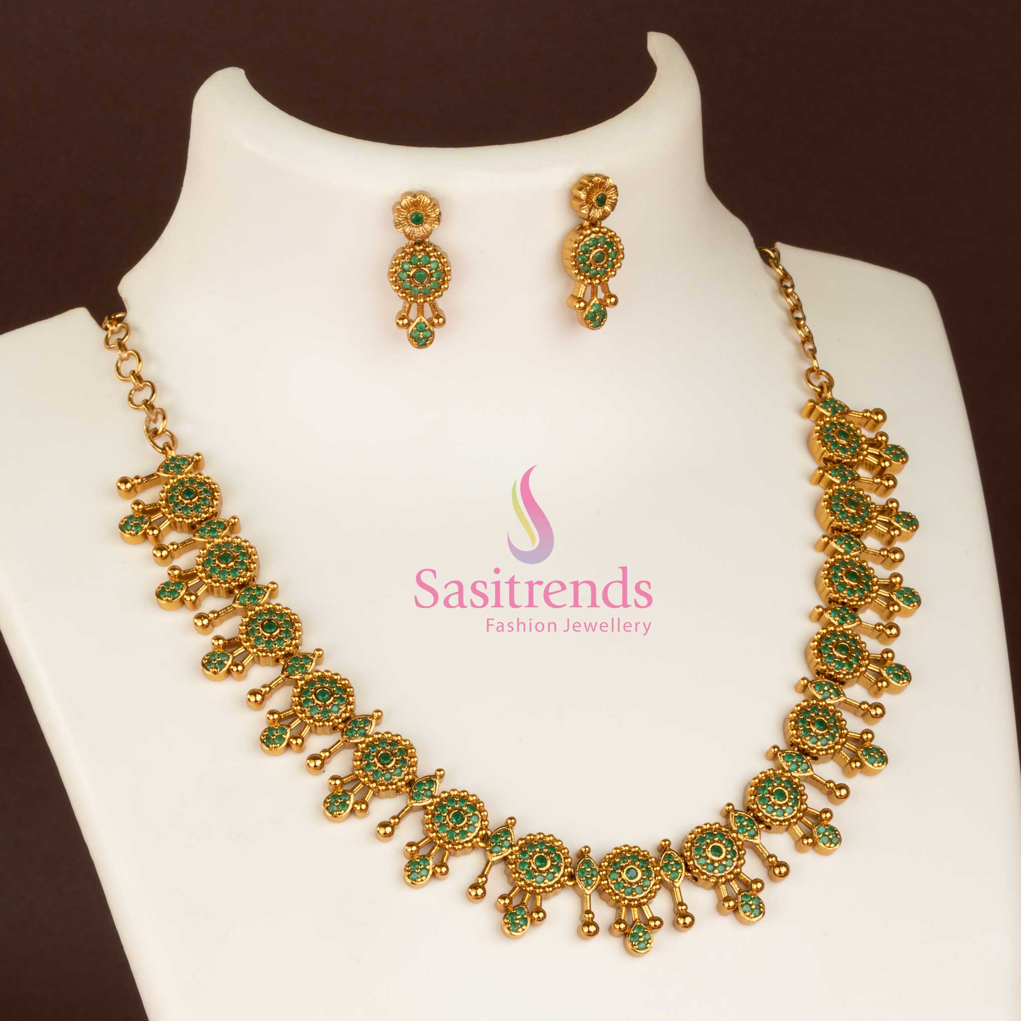 Trendy Temple Matte Gold Plated Necklace Jewellery Set with AD Stones for Girls | Sasitrends - Image 2