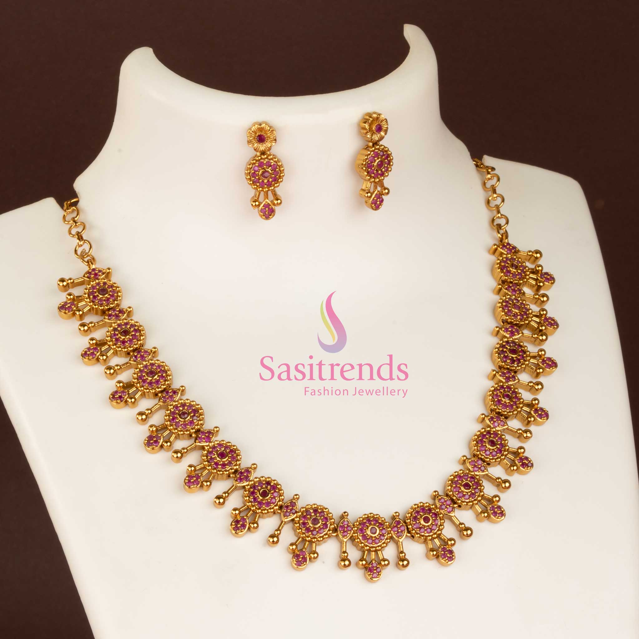 Trendy Temple Matte Gold Plated Necklace Jewellery Set with AD Stones for Girls | Sasitrends - Image 3