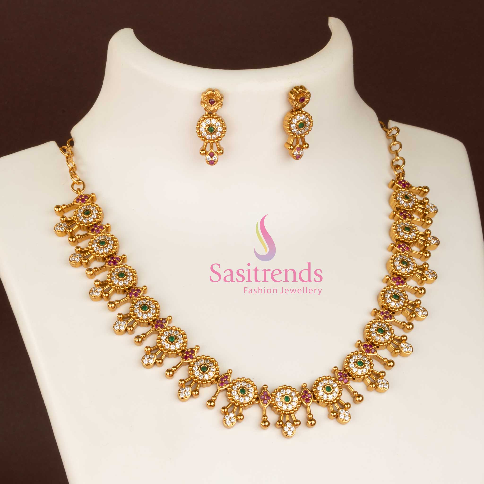 Trendy Temple Matte Gold Plated Necklace Jewellery Set with AD Stones for Girls | Sasitrends - Image 5