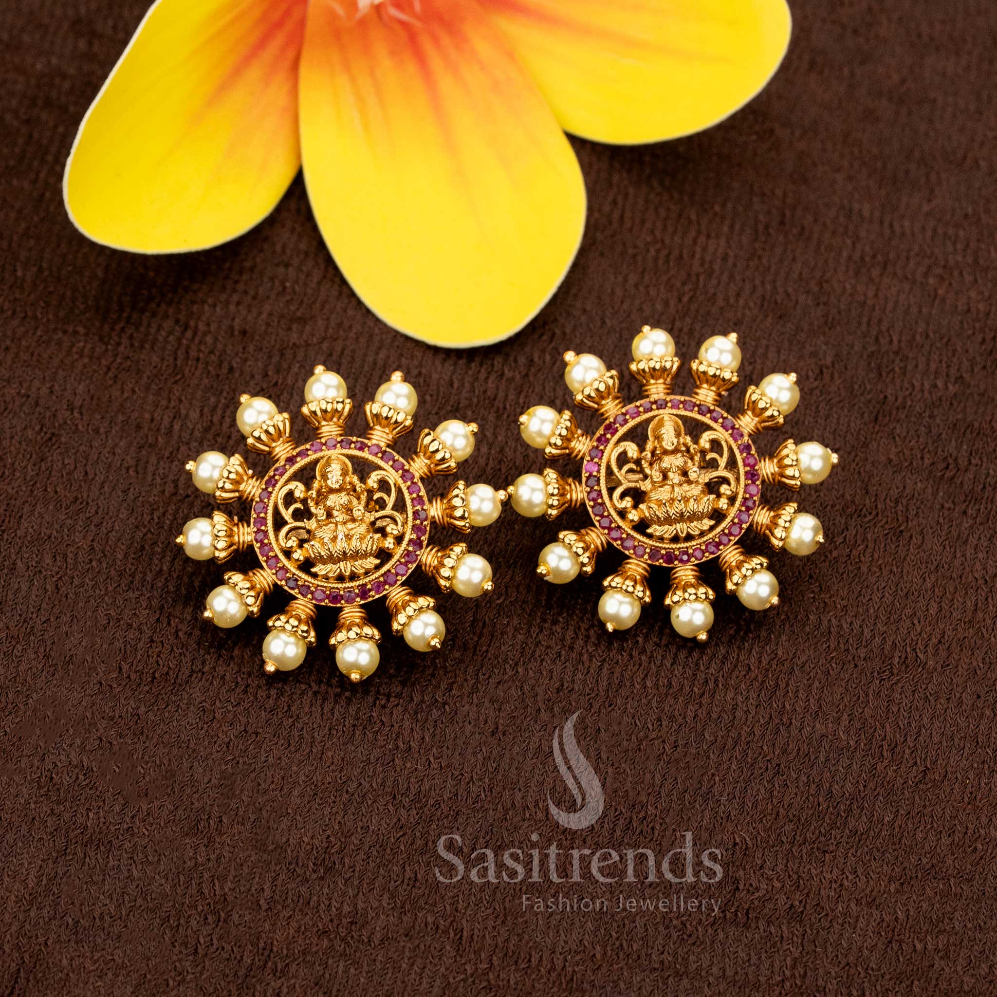Wonderful Matte Gold Plated Lakshmi Motif Pearl Stud Earrings – Temple & Bridal Wear - Image 2