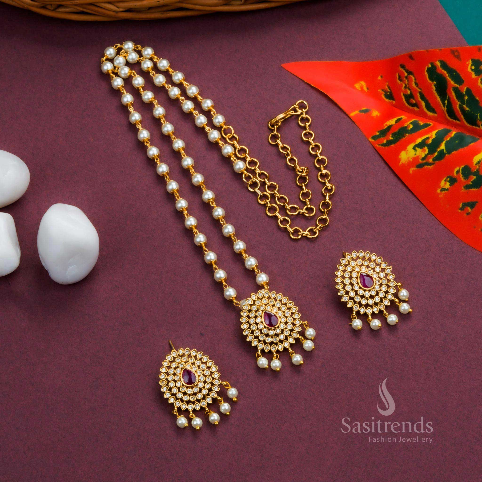Latest Temple Matte Gold Toned Floral Pendant Pearl Necklace Jewellery Set with AD Stones and Hanging Pearl - Image 10
