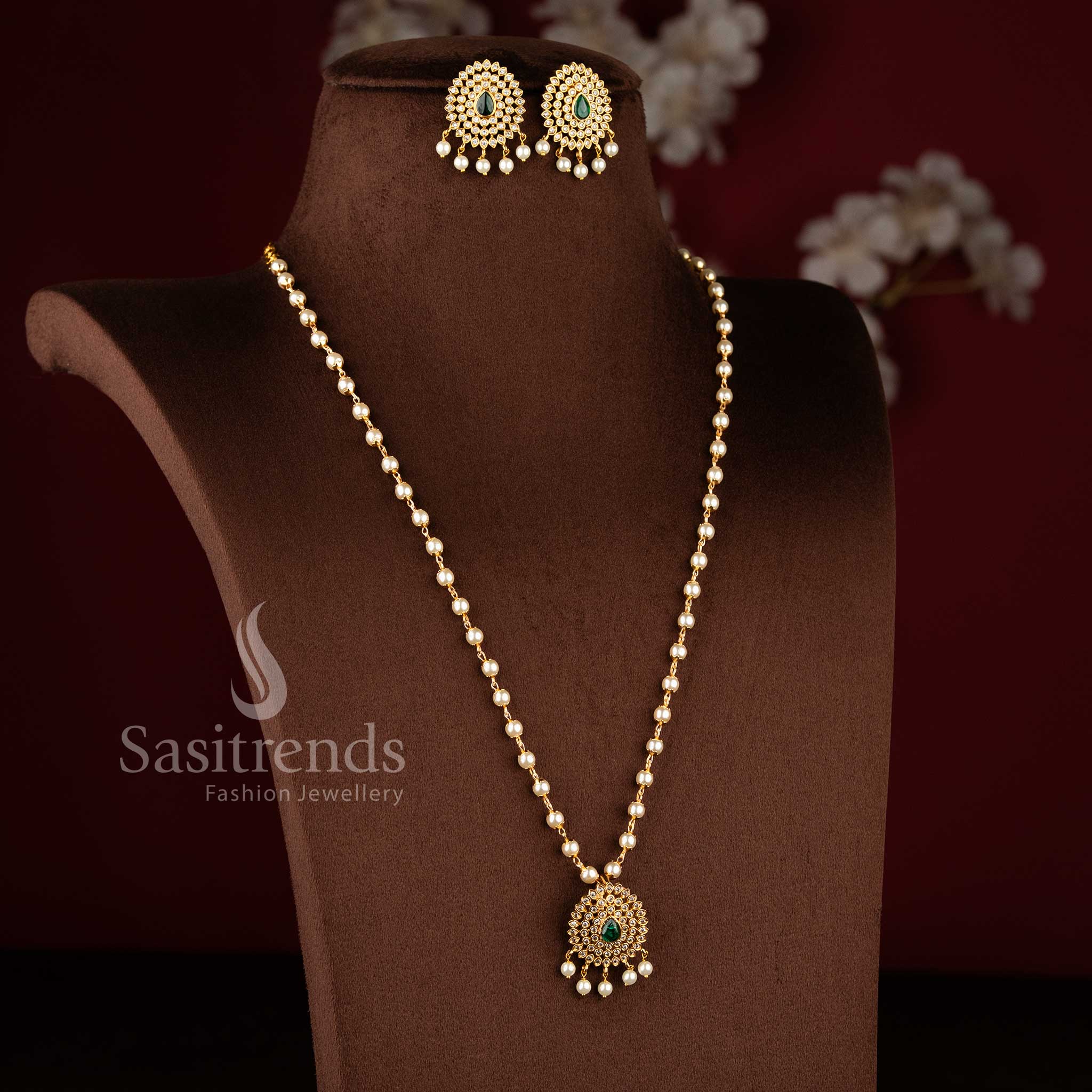 Latest Temple Matte Gold Toned Floral Pendant Pearl Necklace Jewellery Set with AD Stones and Hanging Pearl - Image 2