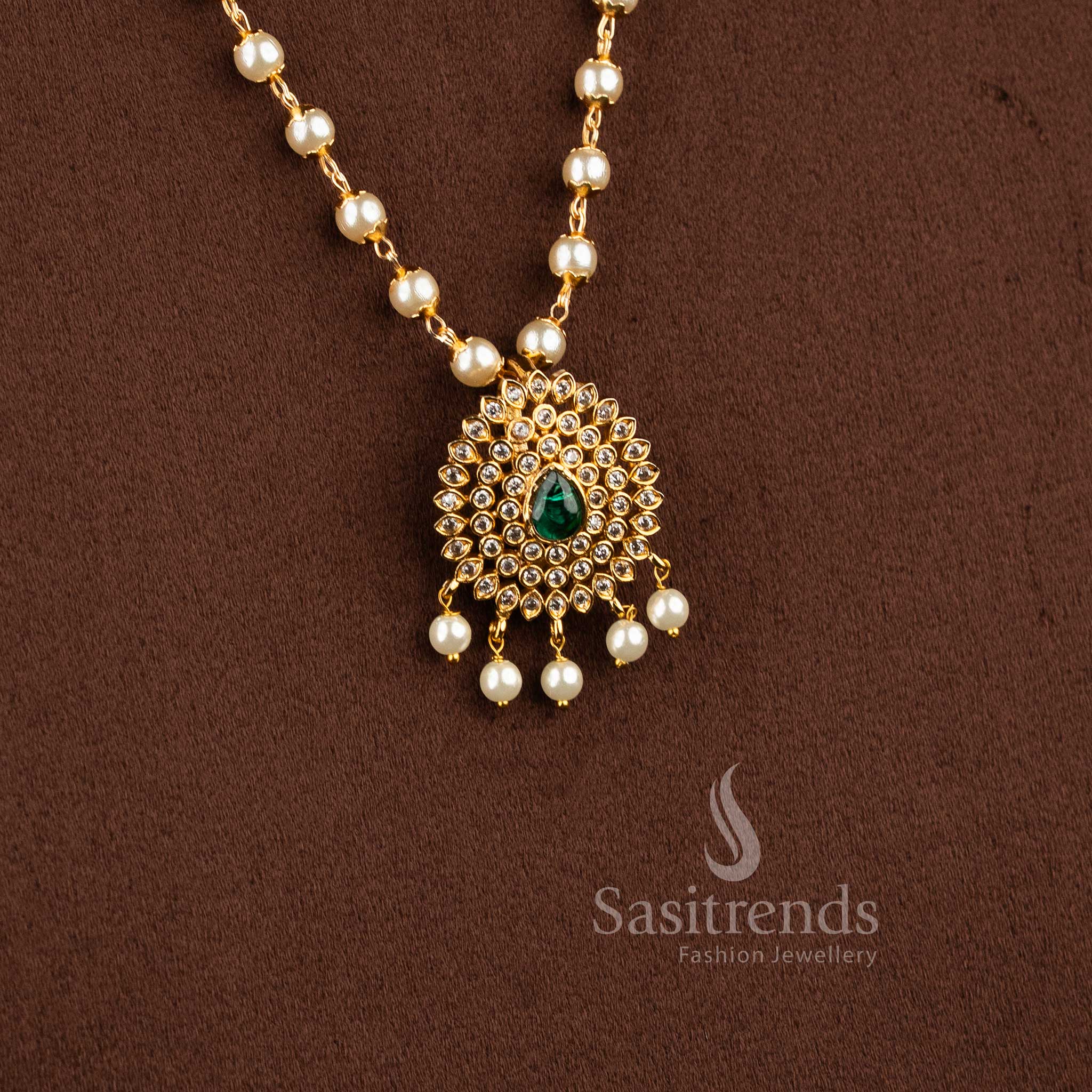 Latest Temple Matte Gold Toned Floral Pendant Pearl Necklace Jewellery Set with AD Stones and Hanging Pearl - Image 3