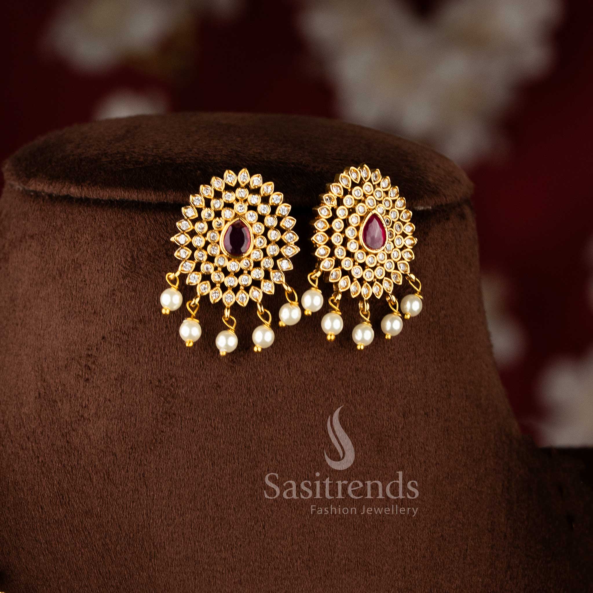 Latest Temple Matte Gold Toned Floral Pendant Pearl Necklace Jewellery Set with AD Stones and Hanging Pearl - Image 4