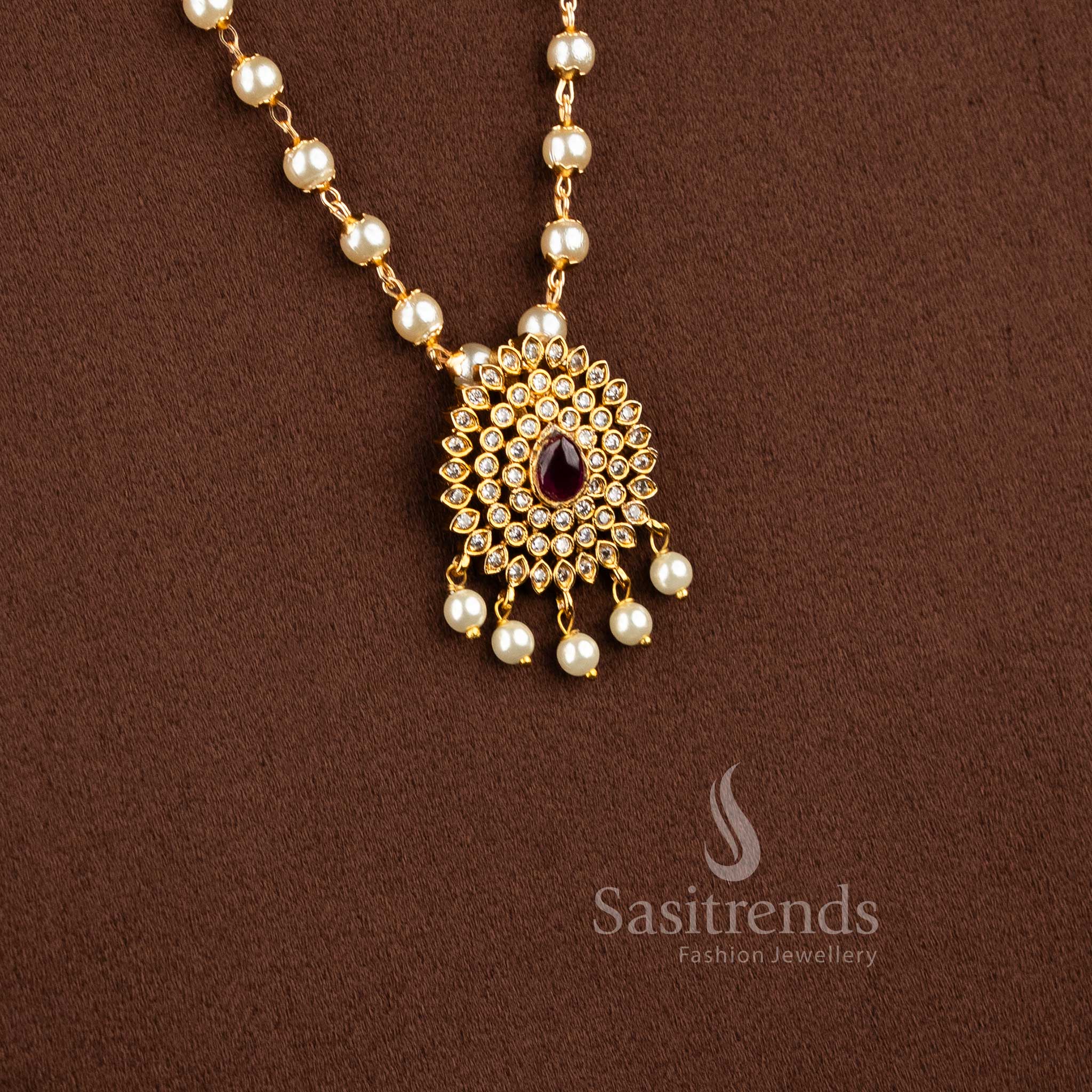 Latest Temple Matte Gold Toned Floral Pendant Pearl Necklace Jewellery Set with AD Stones and Hanging Pearl - Image 5