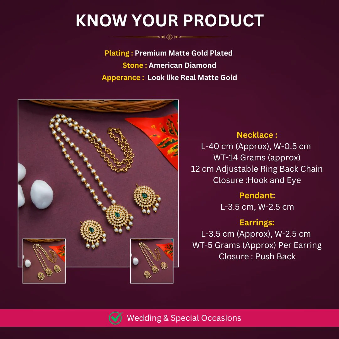 Latest Temple Matte Gold Toned Floral Pendant Pearl Necklace Jewellery Set with AD Stones and Hanging Pearl - Image 7