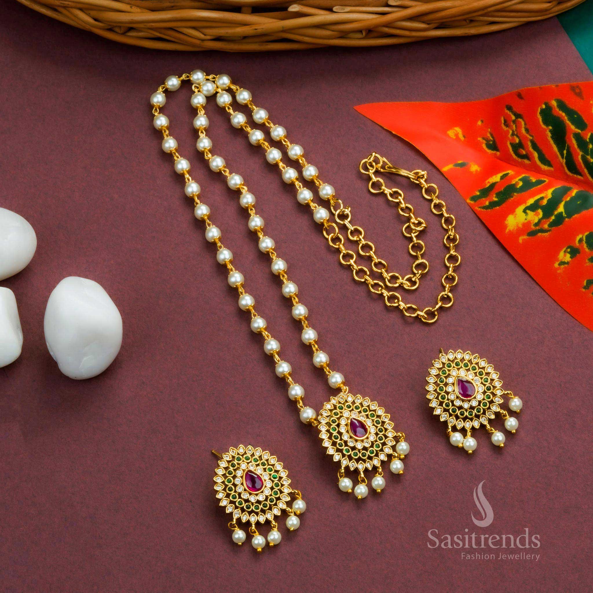 Latest Temple Matte Gold Toned Floral Pendant Pearl Necklace Jewellery Set with AD Stones and Hanging Pearl - Image 8