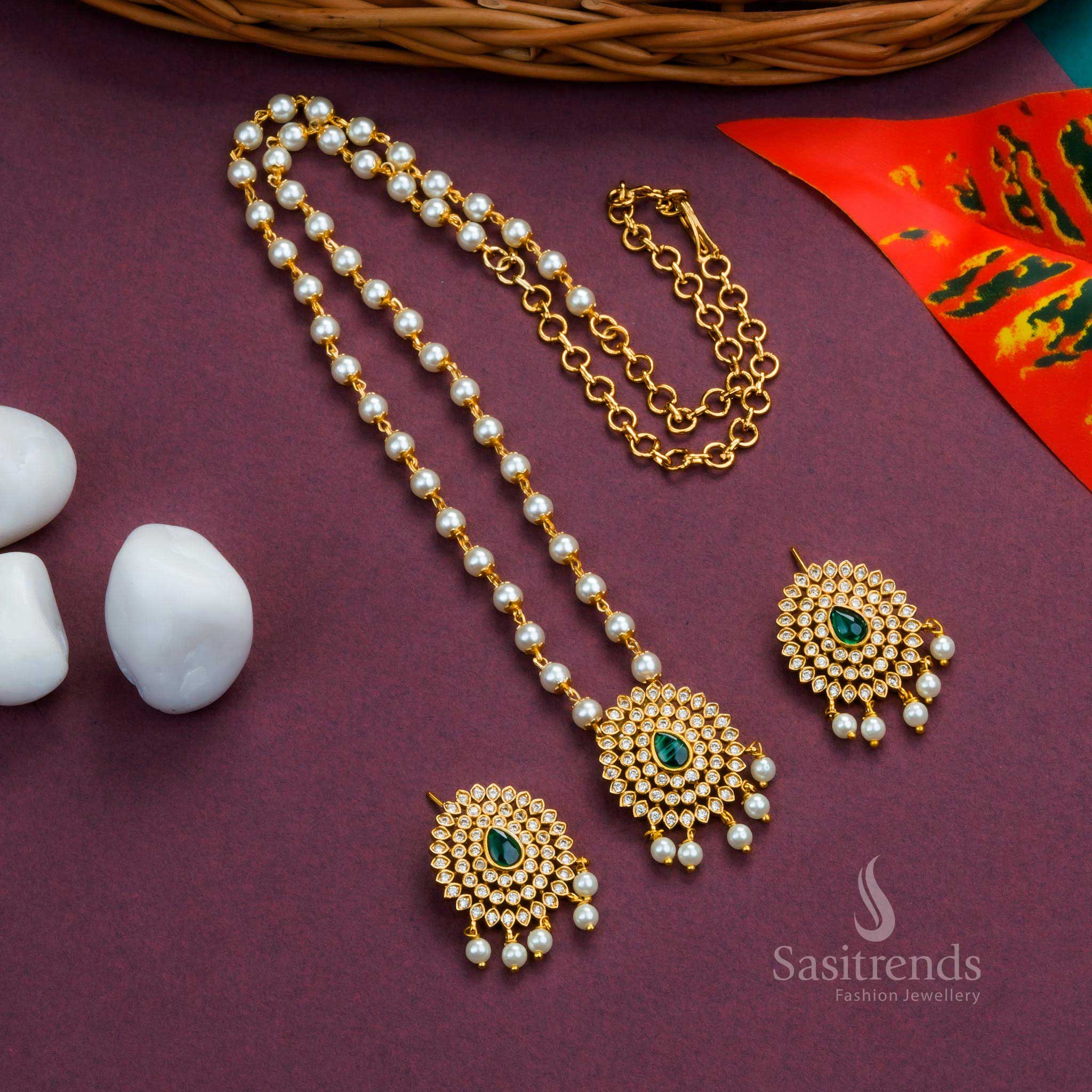 Latest Temple Matte Gold Toned Floral Pendant Pearl Necklace Jewellery Set with AD Stones and Hanging Pearl - Image 9