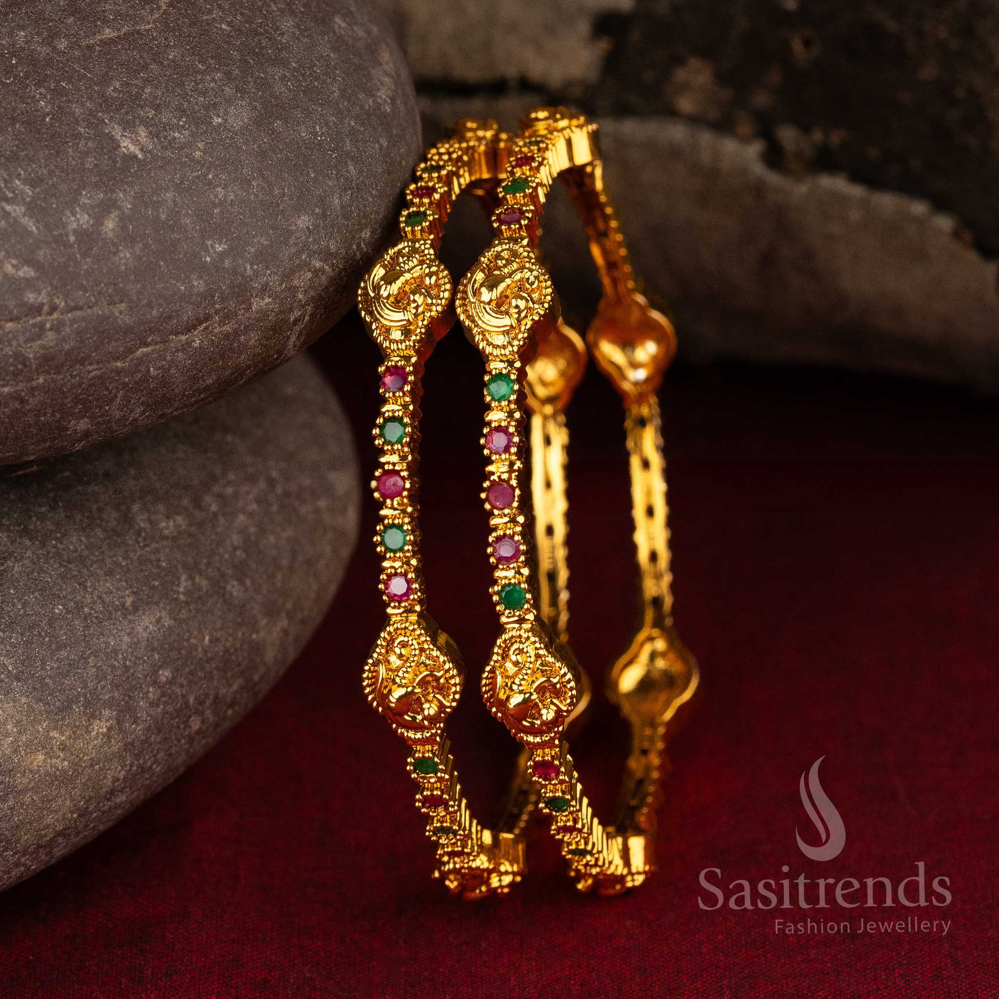 Traditional Peacock Motif AD Matte Gold Plated Temple Bangles - Sasitrends
