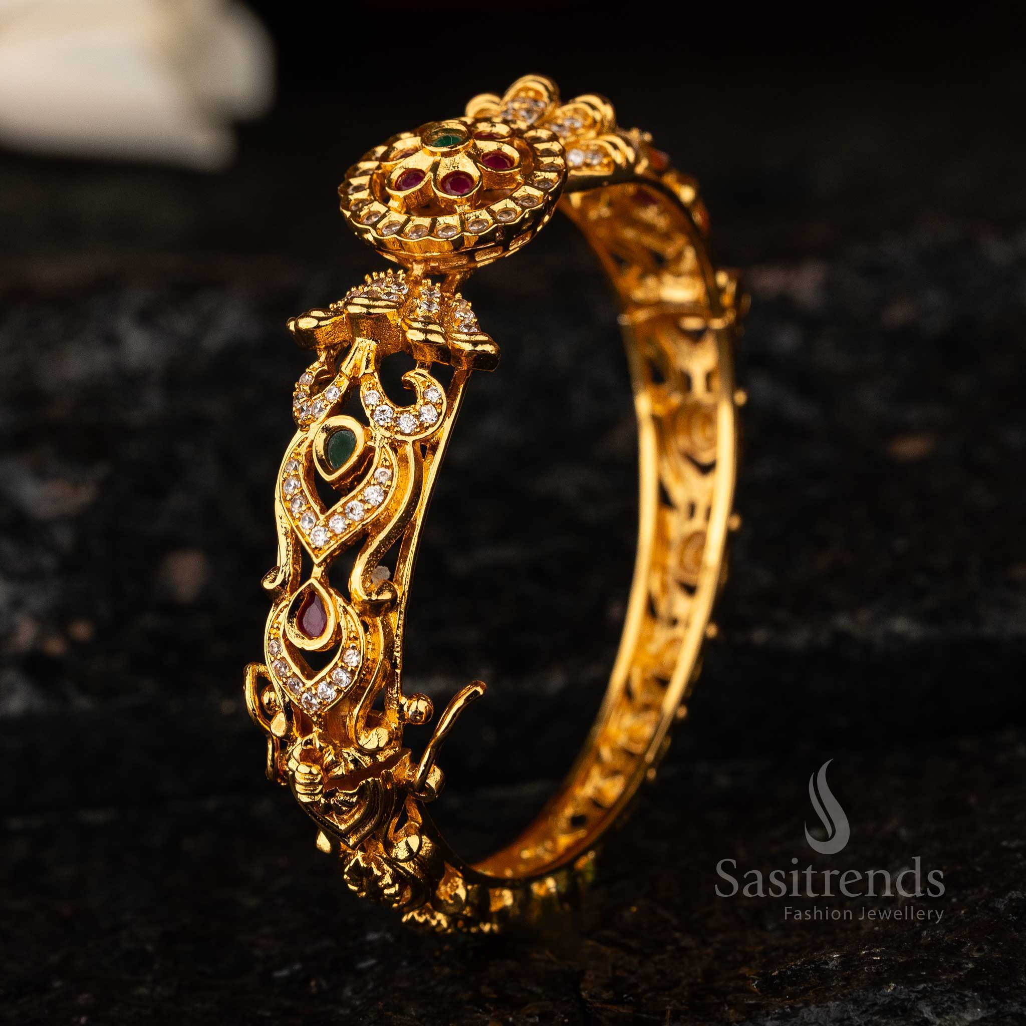 Sasitrends -  Temple Matte Gold-Plated Sarang Kada with Luxurious Floral AD Stone Design Bangle - Image 3