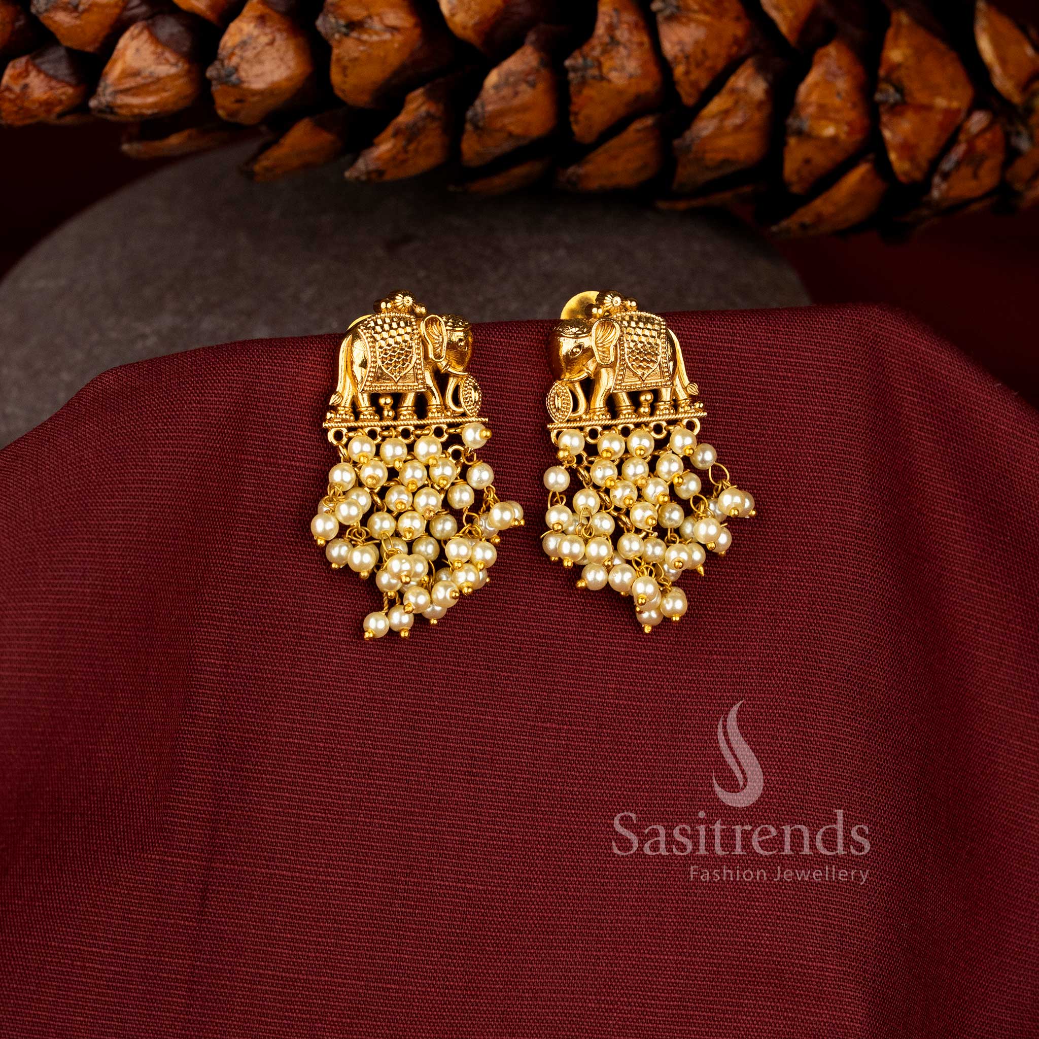 Sasitrends | Traditional Matte Gold Plated Temple Elephant Earrings with Pearl Layer Hanging - Image 3