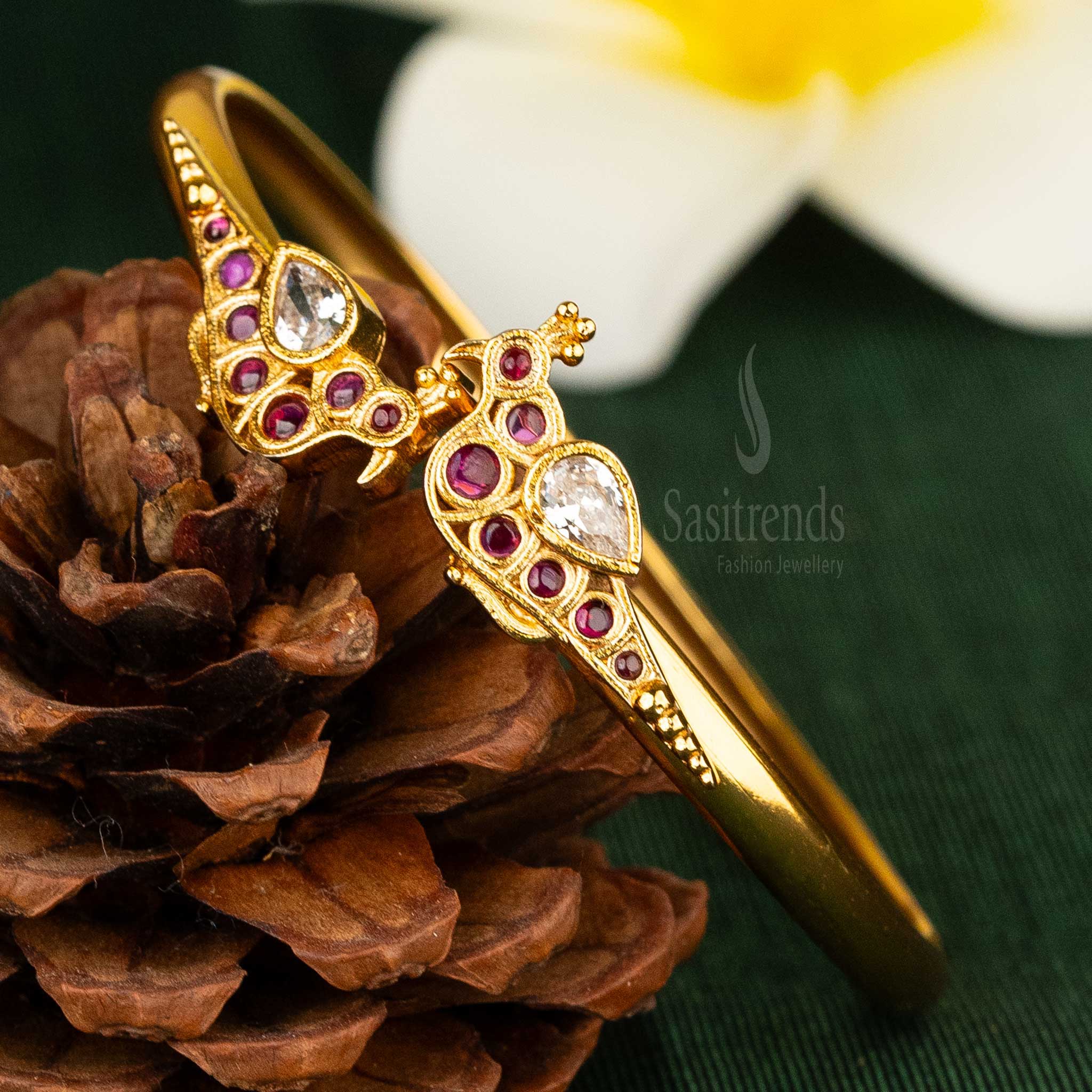 Sasitrends | Matte Gold Plated Temple Peacock Semi-Openable Kada Bracelet Bangle - Image 3