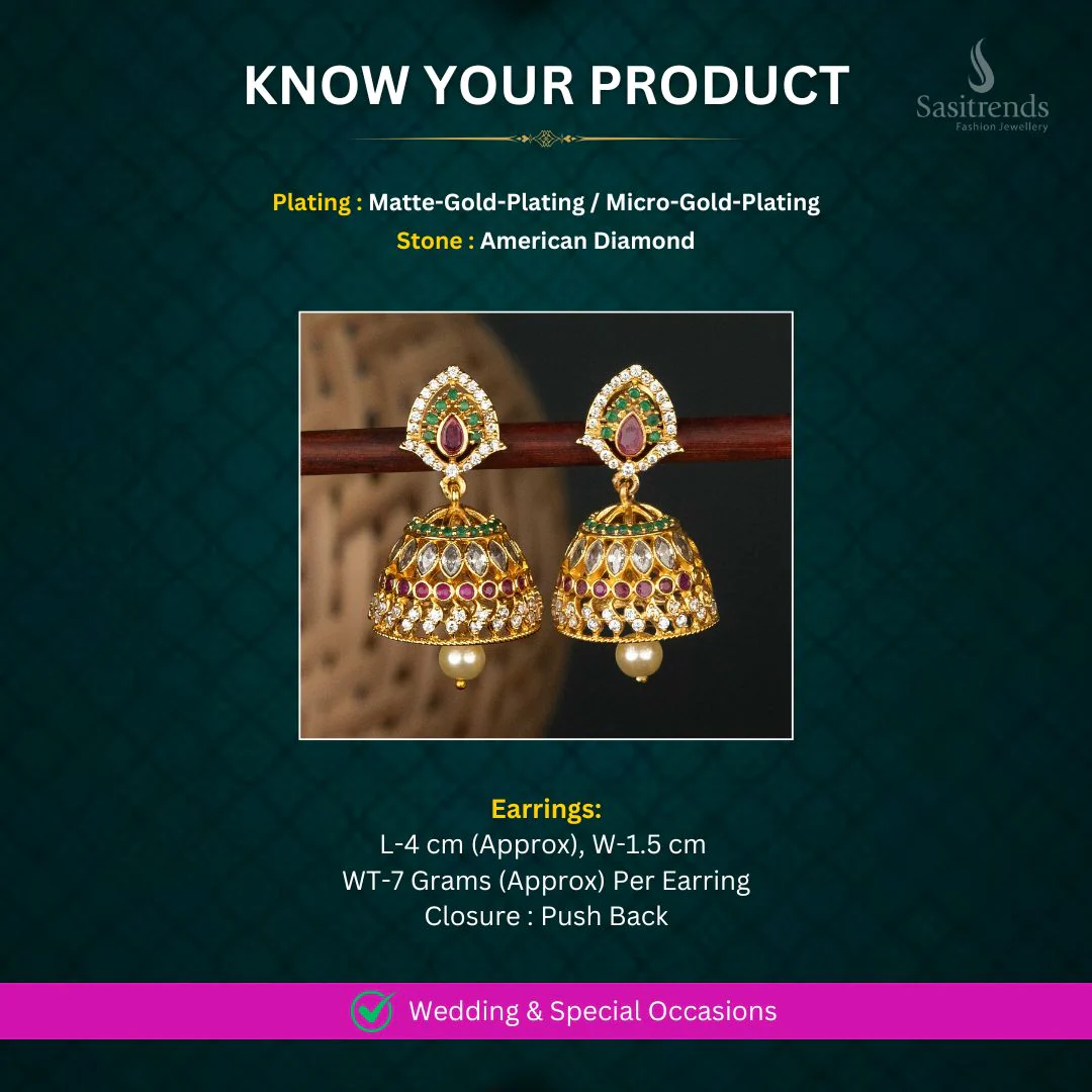 Glamorous Temple Matte Gold Plated AD Multi Color Jhumka Earrings | Sasitrends - Image 2