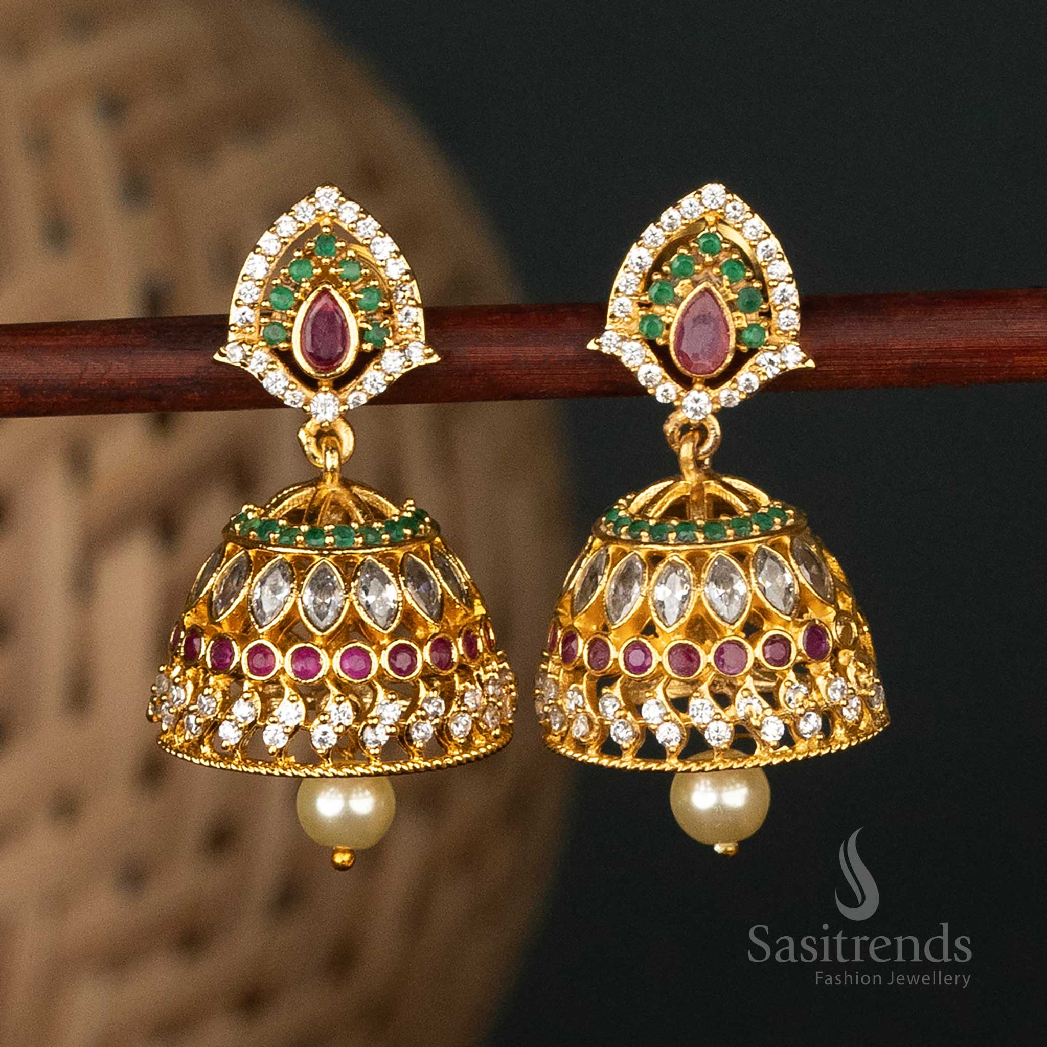 Glamorous Temple Matte Gold Plated AD Multi Color Jhumka Earrings | Sasitrends - Image 3