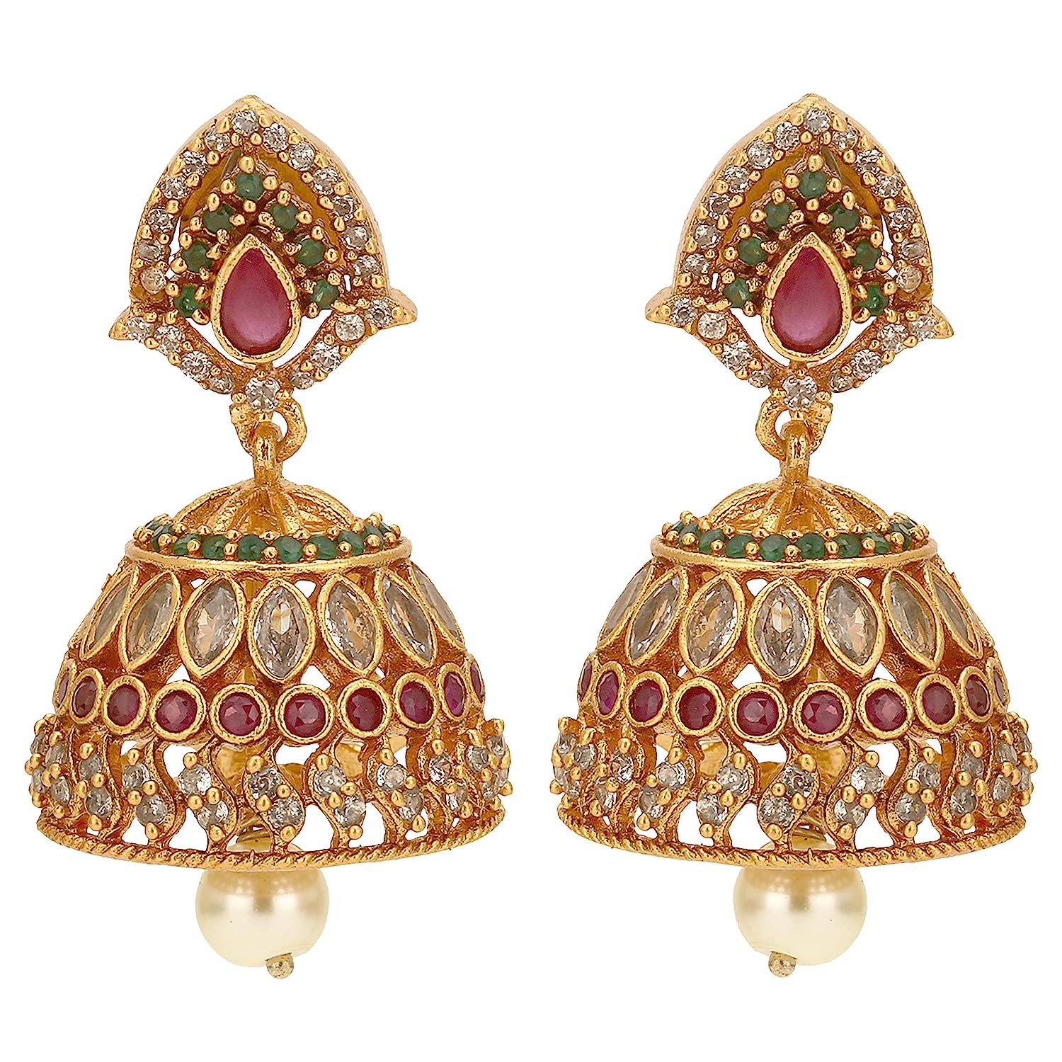 Glamorous Temple Matte Gold Plated AD Multi Color Jhumka Earrings | Sasitrends - Image 4