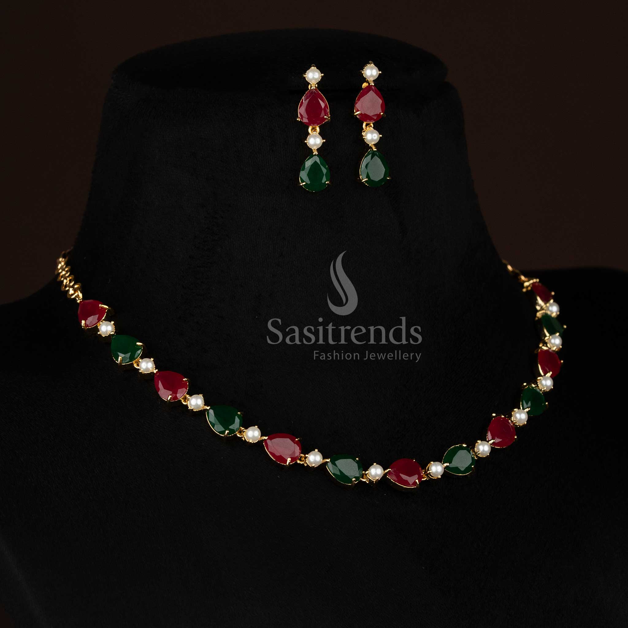 Mesmerising American Diamond 24k Micro Gold Plated Teardrop & Round Pearl Necklace Set for Party Nights & Style Events - Image 2