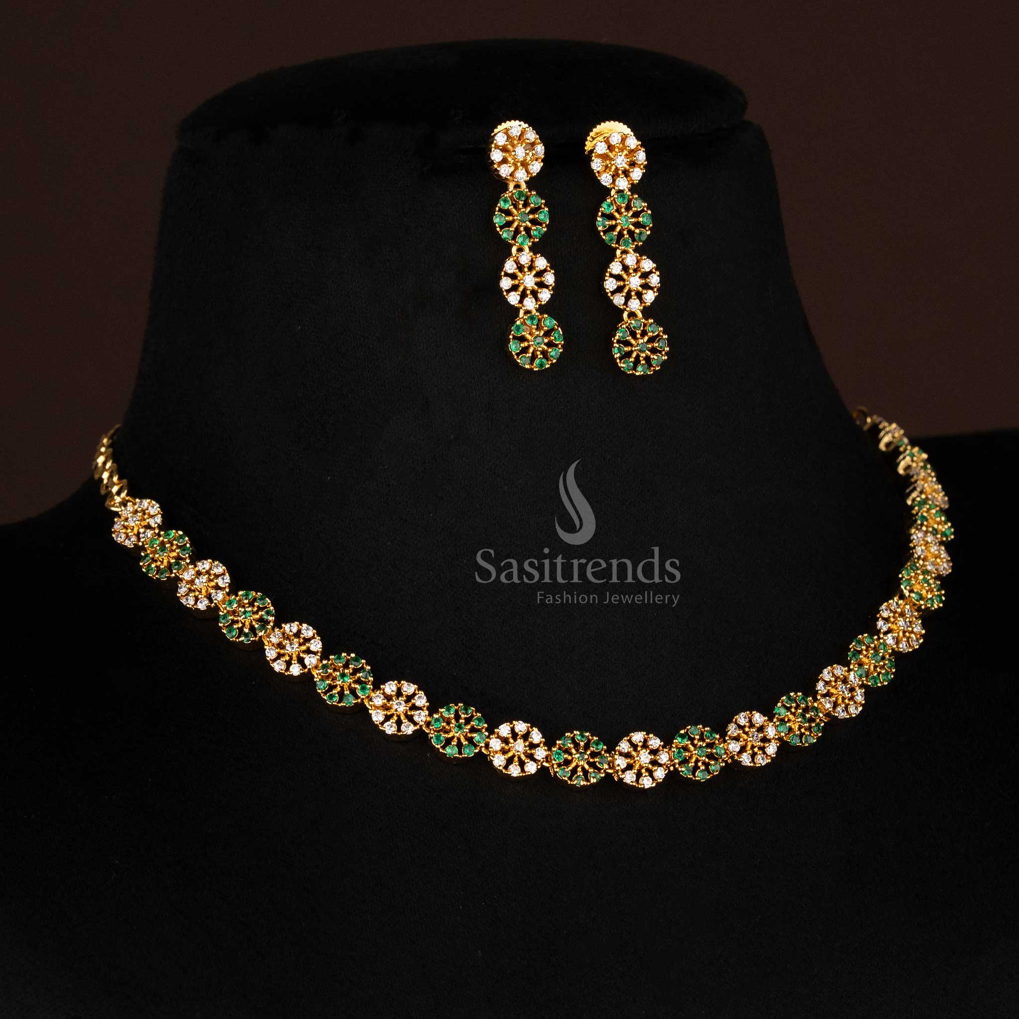 Amazing Micro Gold Plated Floral American Diamond Round Pattern Necklace Jewellery Set – Look Like Real Gold  - Sasitrends