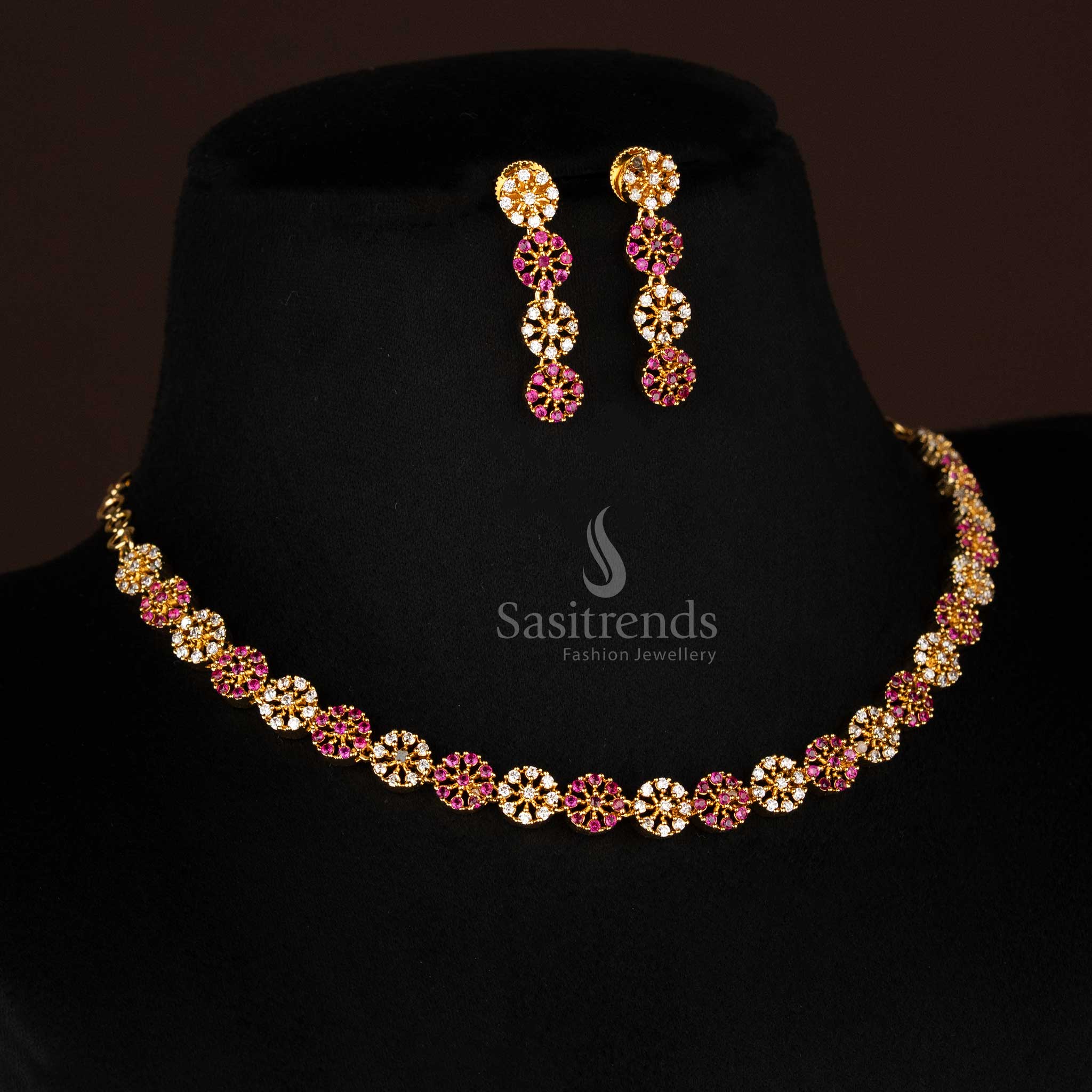 Amazing Micro Gold Plated Floral American Diamond Round Pattern Necklace Jewellery Set – Look Like Real Gold  - Sasitrends - Image 4