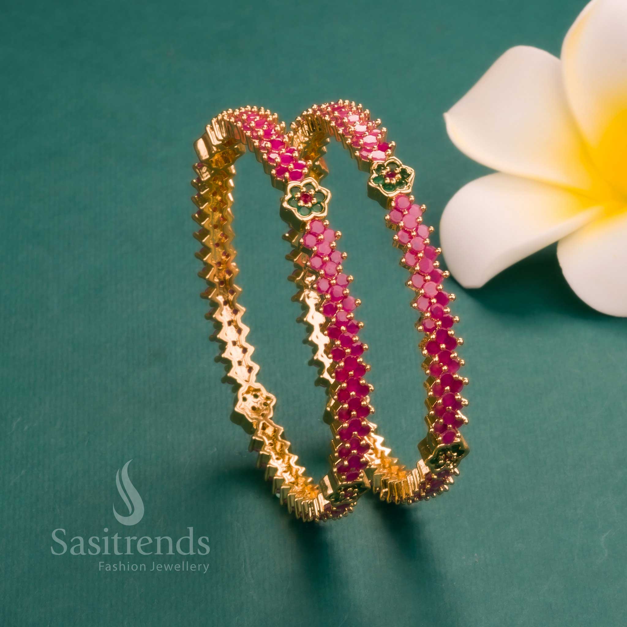 Gorgeous Micro Gold Finished Ruby-Green American Diamond Bangles | Latest Diwali Collection | Sasitrends - Image 5
