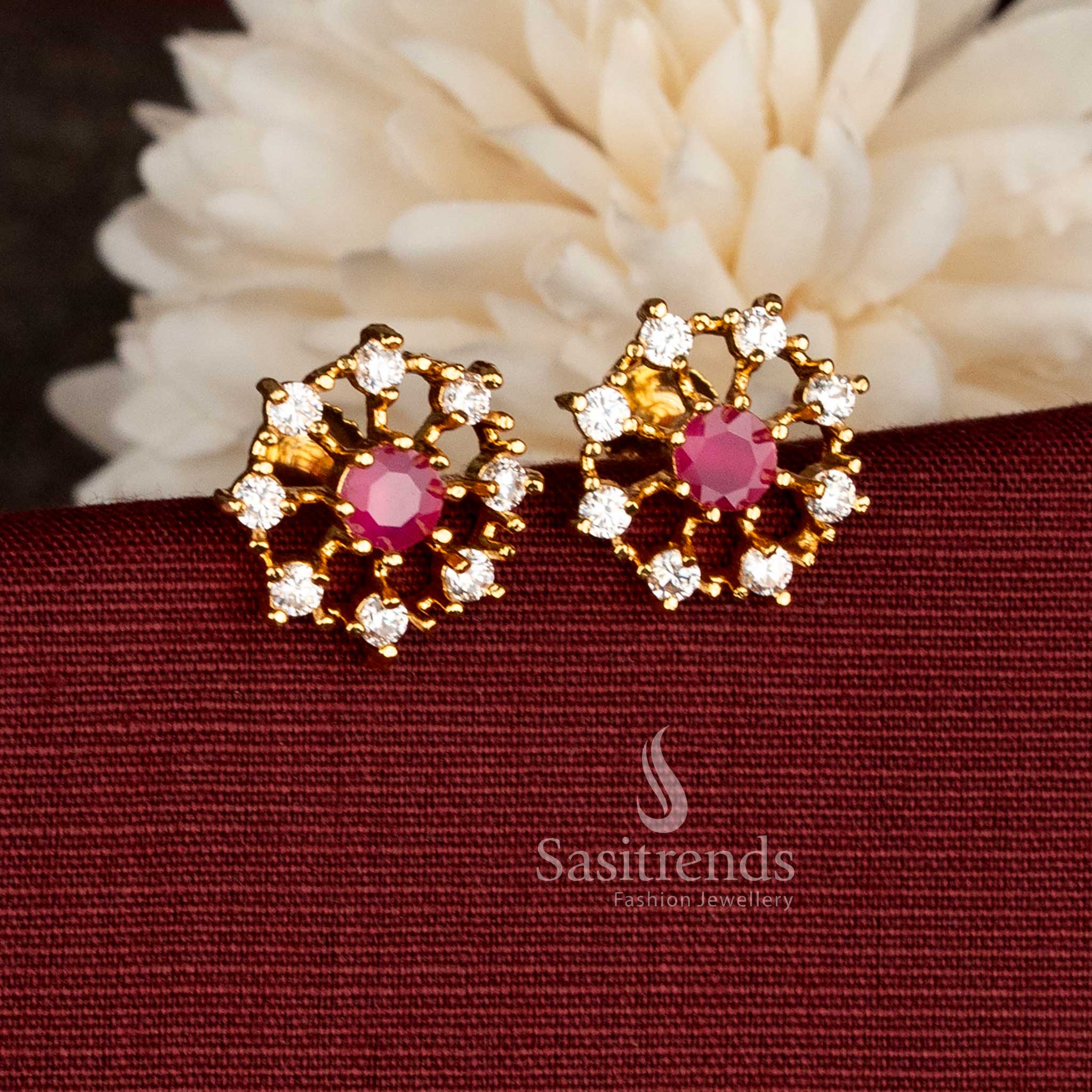Guaranteed Micro Gold Plated AD Floral Pearl & Pavalam Stud Earrings for Classic South Indian Outfits | One Gram Jewellery - Image 2