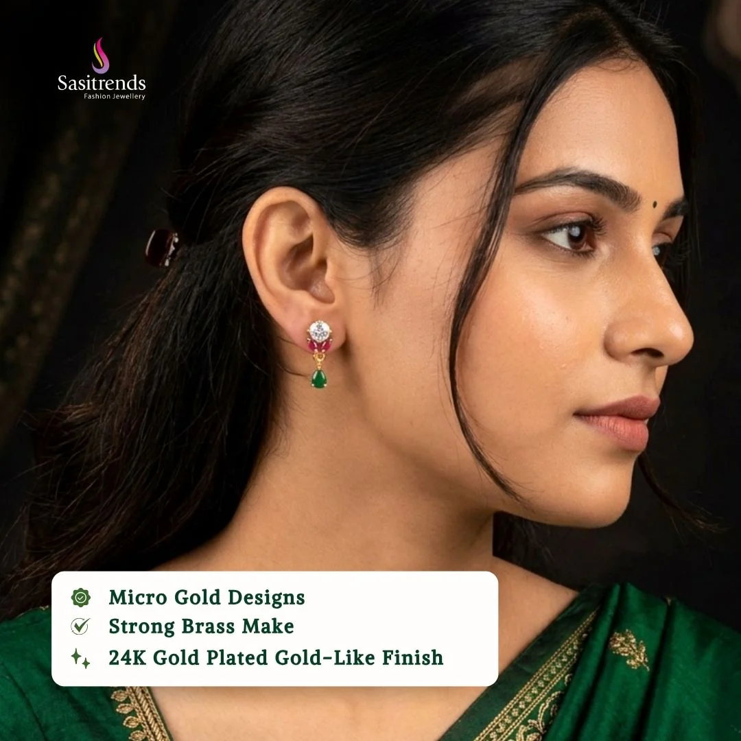 Wonderful 24K Micro Gold Plated AD Stone Floral Round Brilliant Cut Teardrop Earrings | Real Gold Look Alike - Image 2