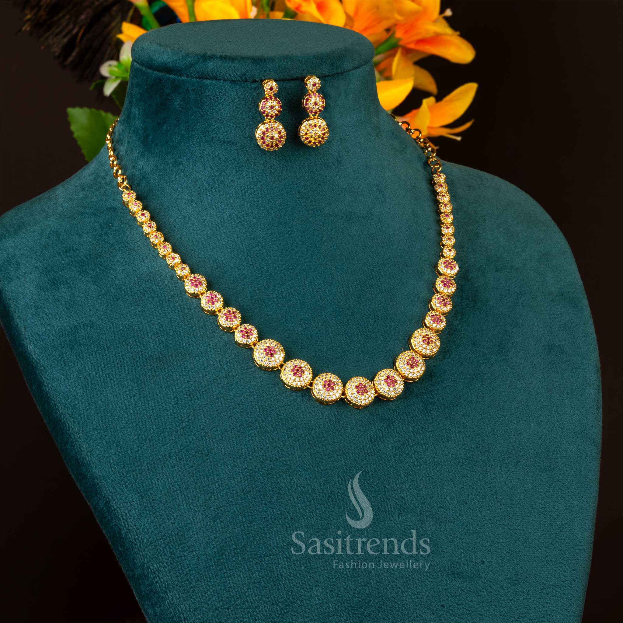 Gorgeous Micro Gold Plated Necklace Jewellery Set - Latest American Diamond Stones Trend | Sasitrends