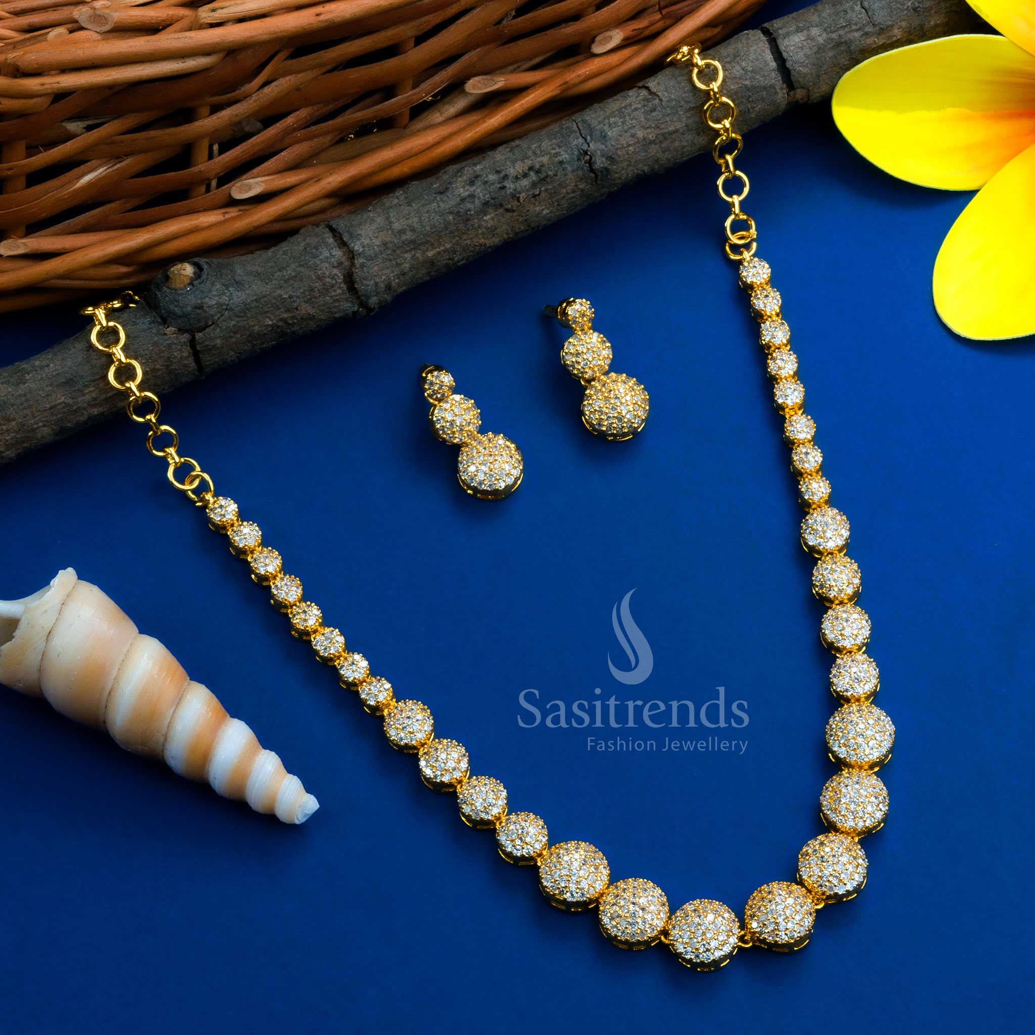 Gorgeous Micro Gold Plated Necklace Jewellery Set - Latest American Diamond Stones Trend | Sasitrends - Image 3