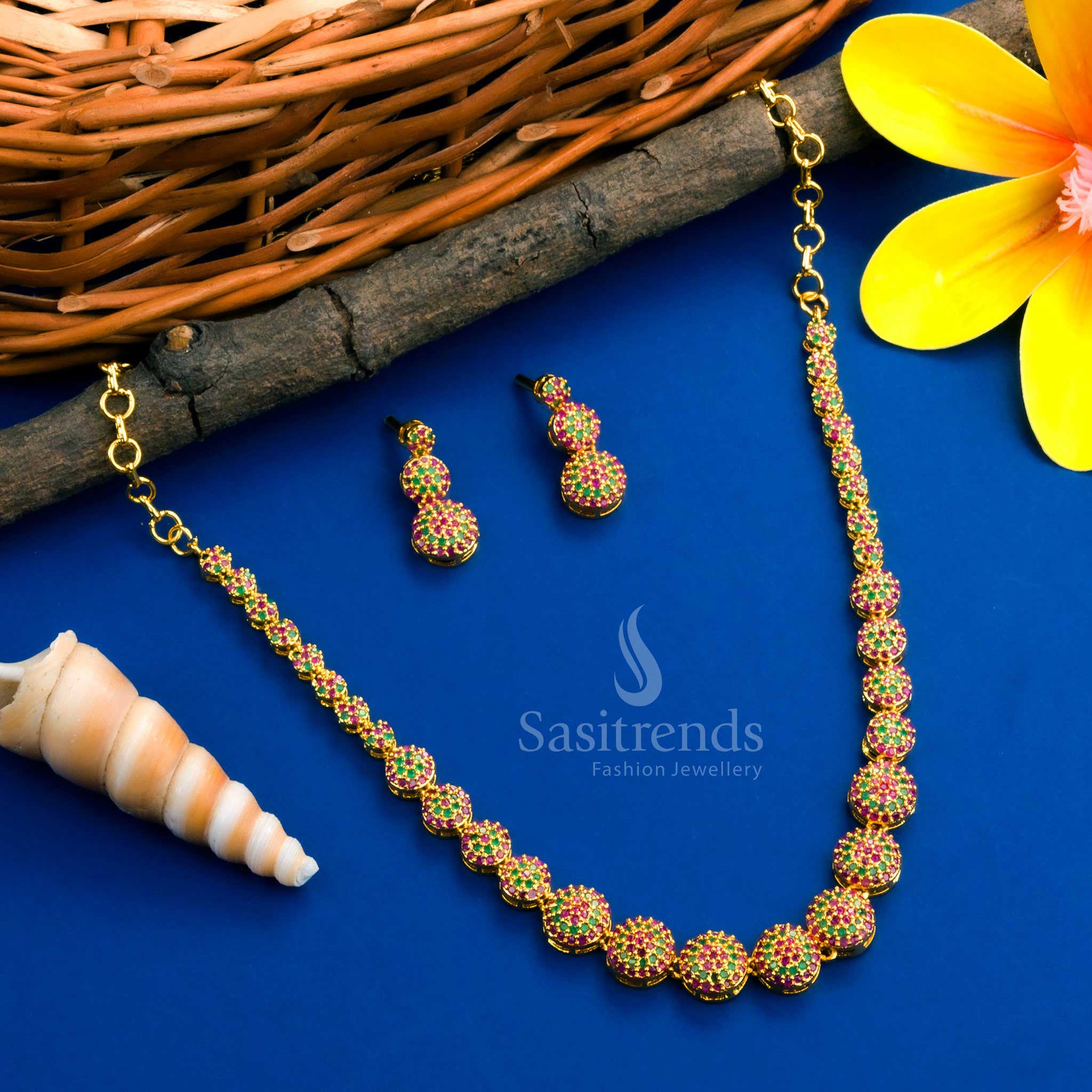 Gorgeous Micro Gold Plated Necklace Jewellery Set - Latest American Diamond Stones Trend | Sasitrends - Image 5
