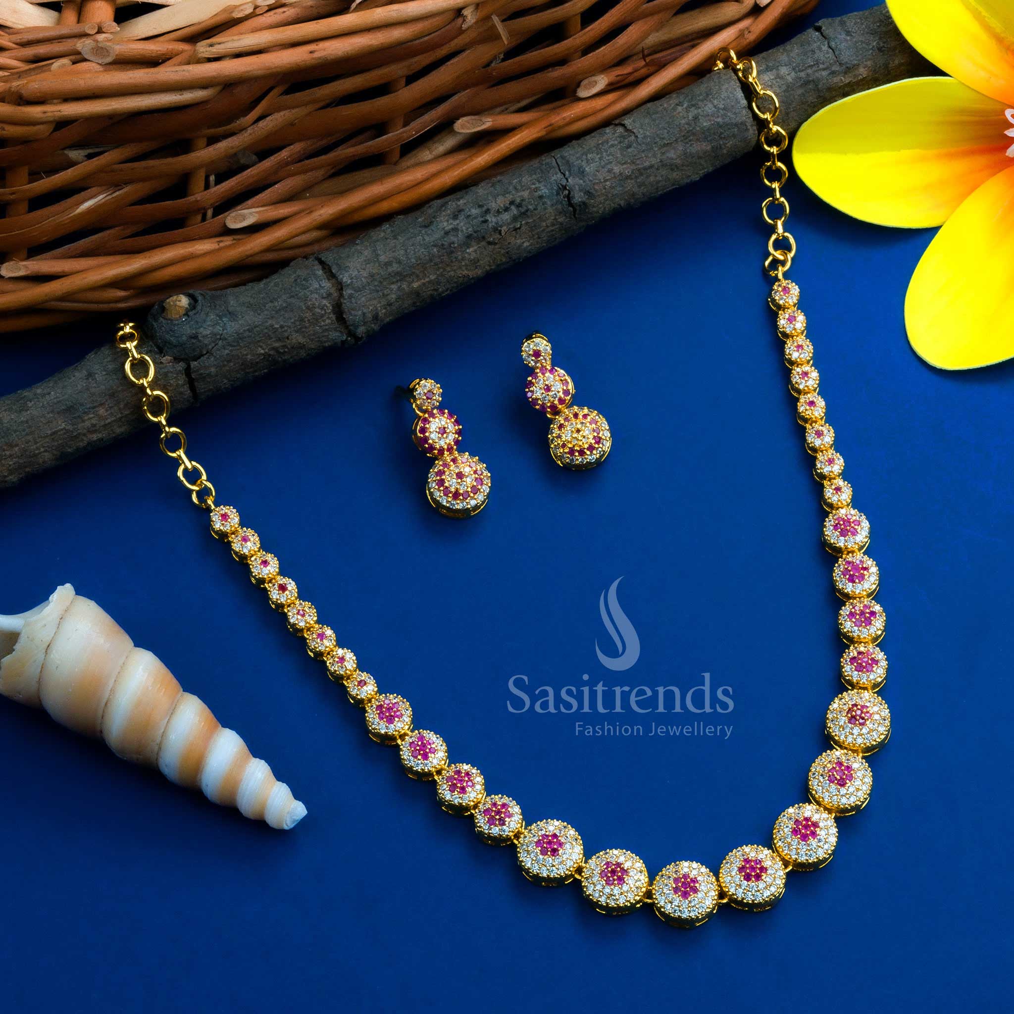 Gorgeous Micro Gold Plated Necklace Jewellery Set - Latest American Diamond Stones Trend | Sasitrends - Image 7